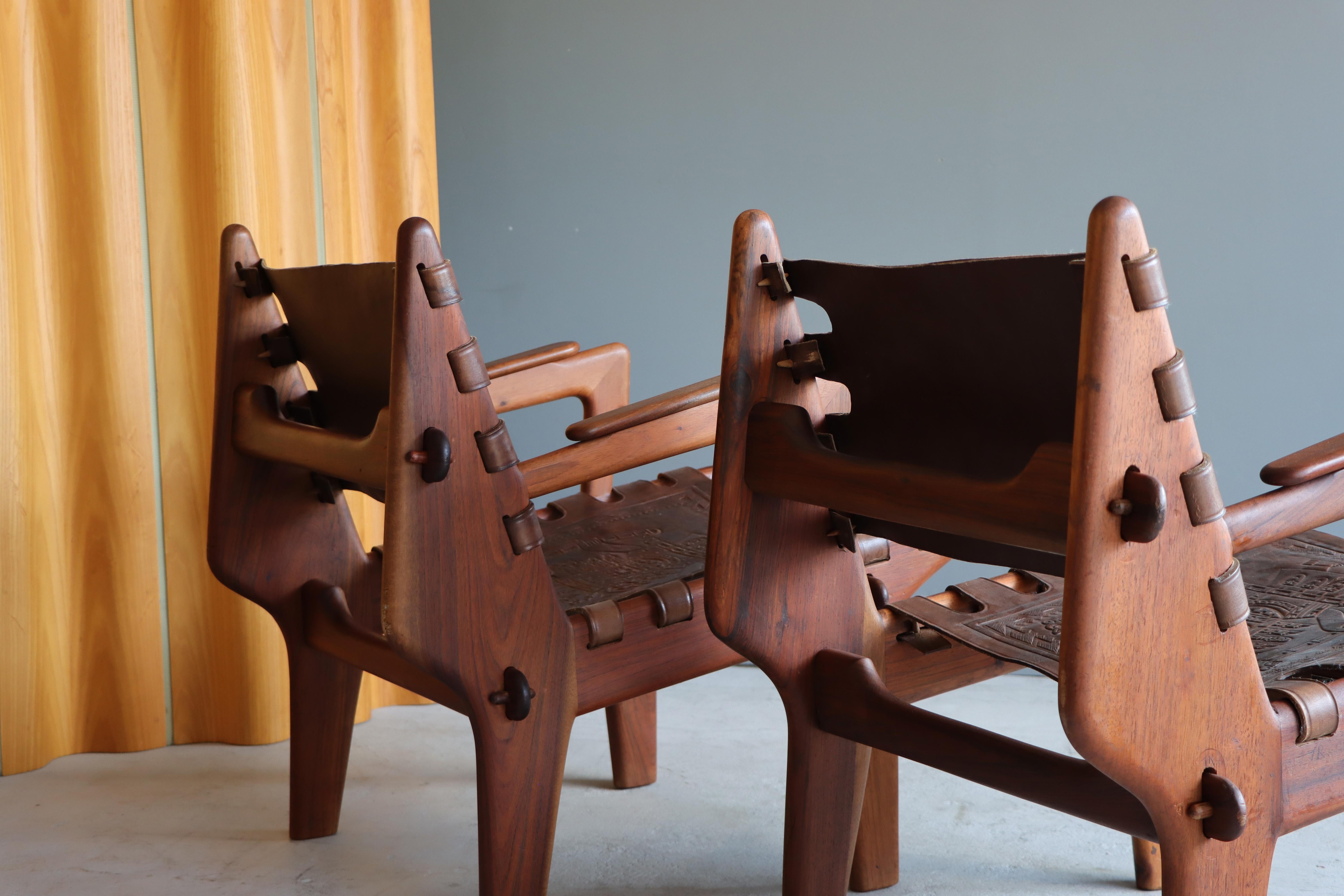 Mid-20th Century Pair of Solid Rosewood and Leather Lounge Chairs by Angel Pazmino, Ecuador 