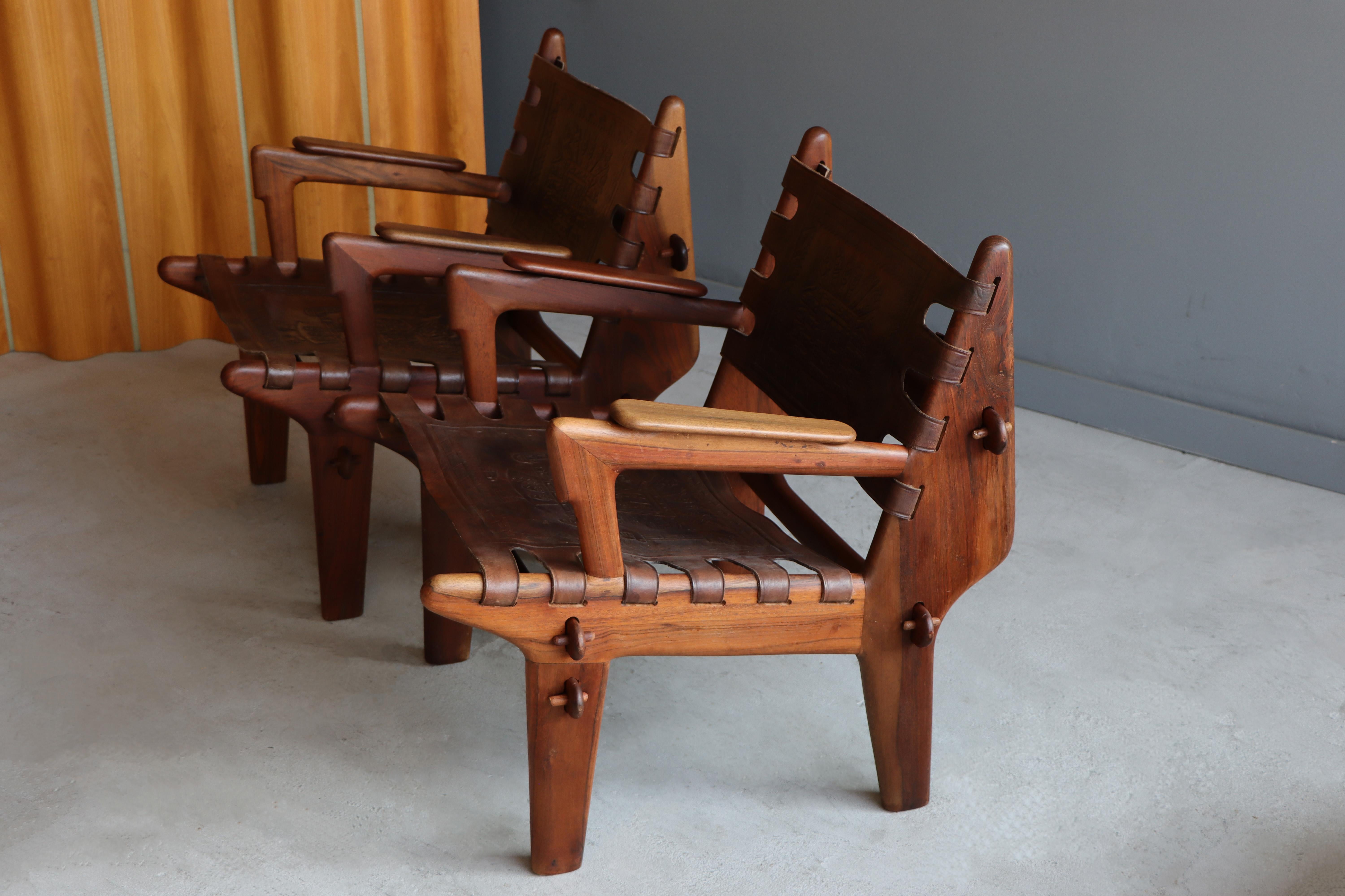 Pair of Solid Rosewood and Leather Lounge Chairs by Angel Pazmino, Ecuador  1