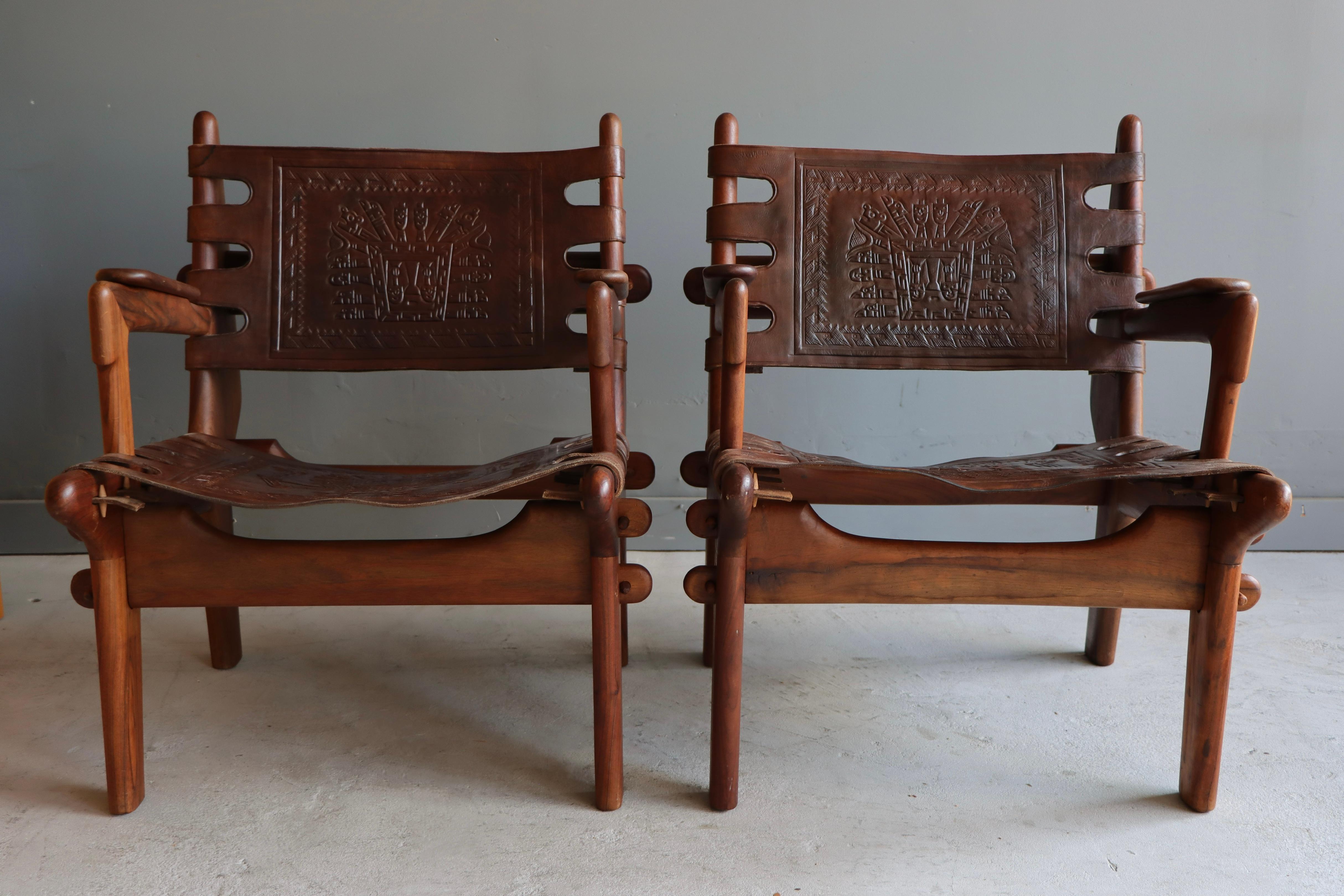 Pair of Solid Rosewood and Leather Lounge Chairs by Angel Pazmino, Ecuador  2