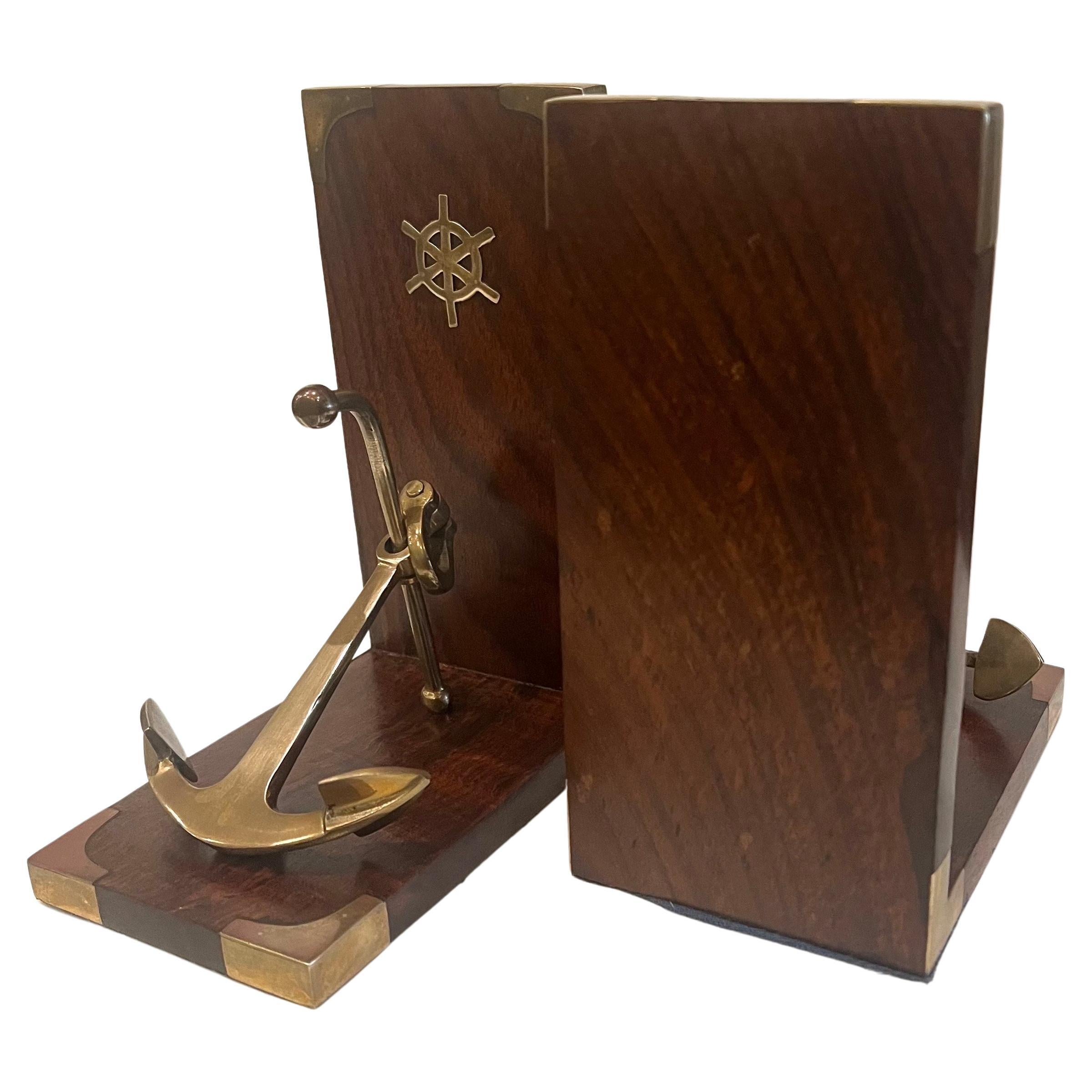 Mid-Century Modern Pair of Solid rosewood & Brass Italian Nautical Anchor Bookends For Sale