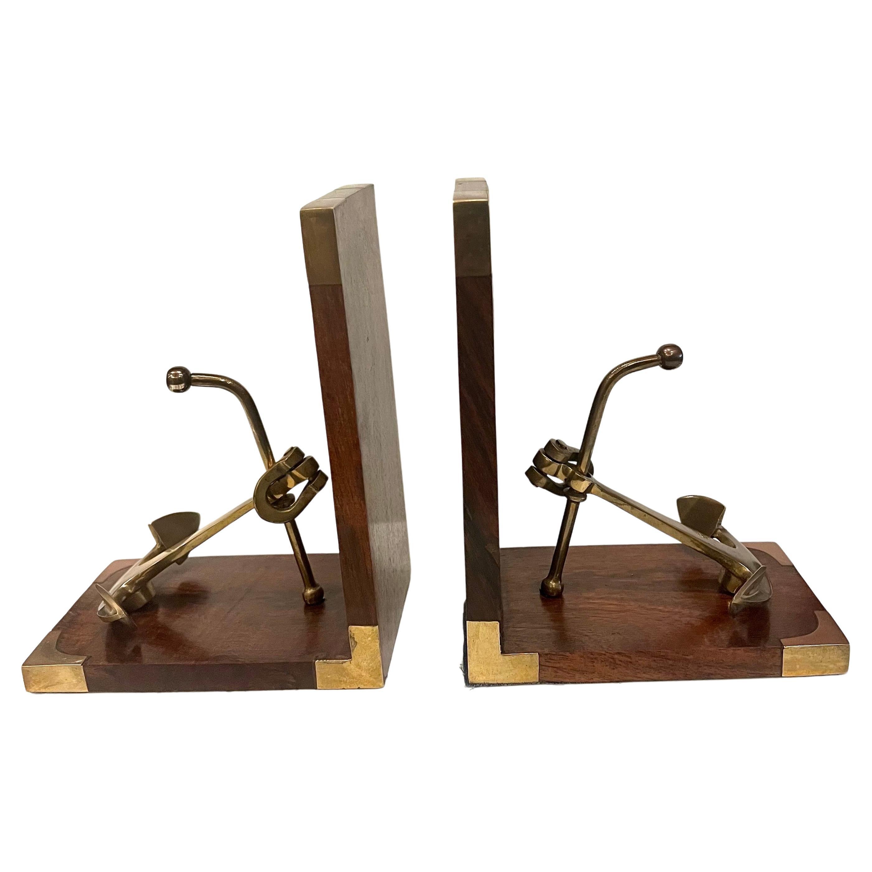 Pair of Solid rosewood & Brass Italian Nautical Anchor Bookends In Excellent Condition For Sale In San Diego, CA