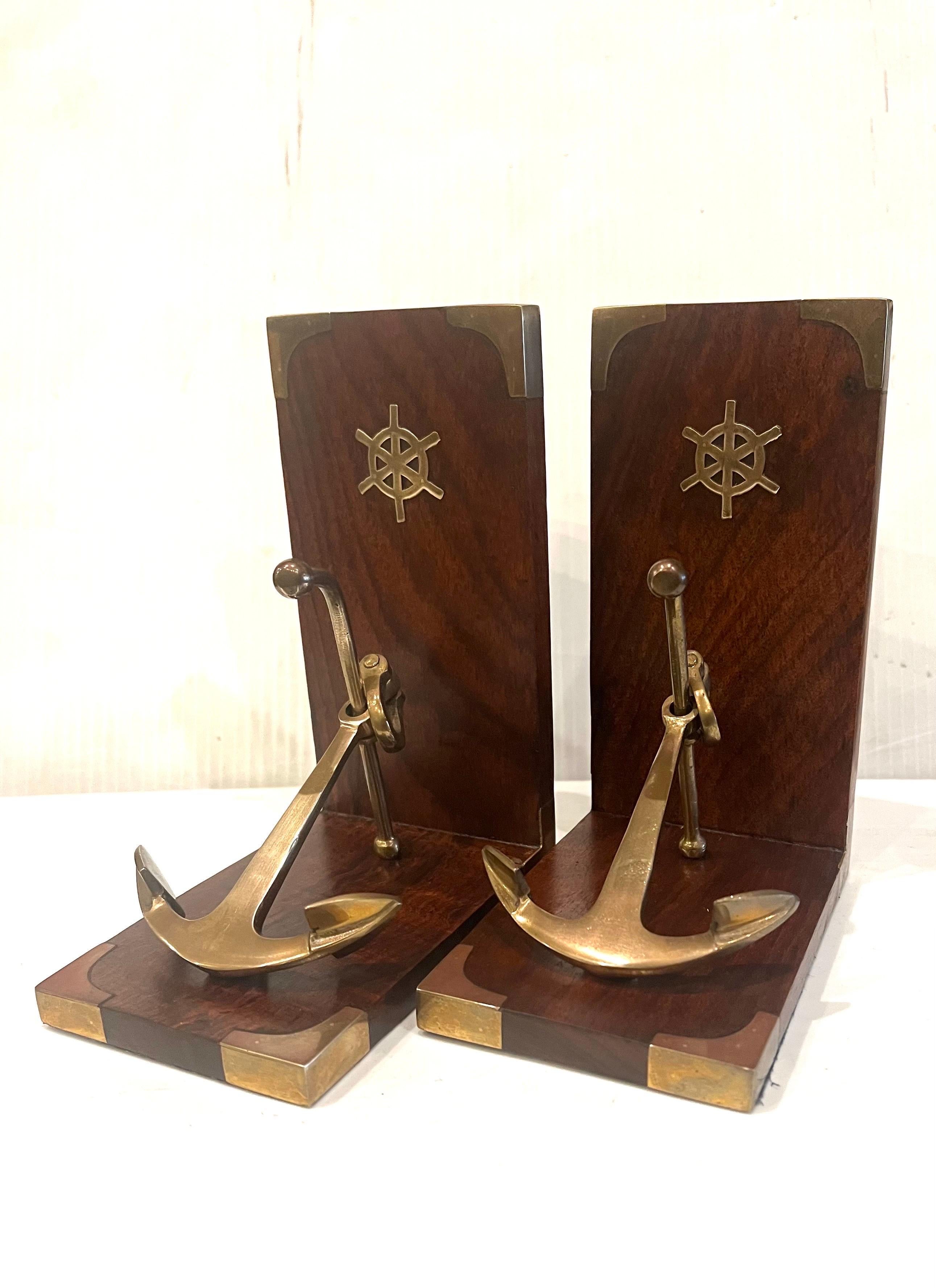 20th Century Pair of Solid rosewood & Brass Italian Nautical Anchor Bookends For Sale