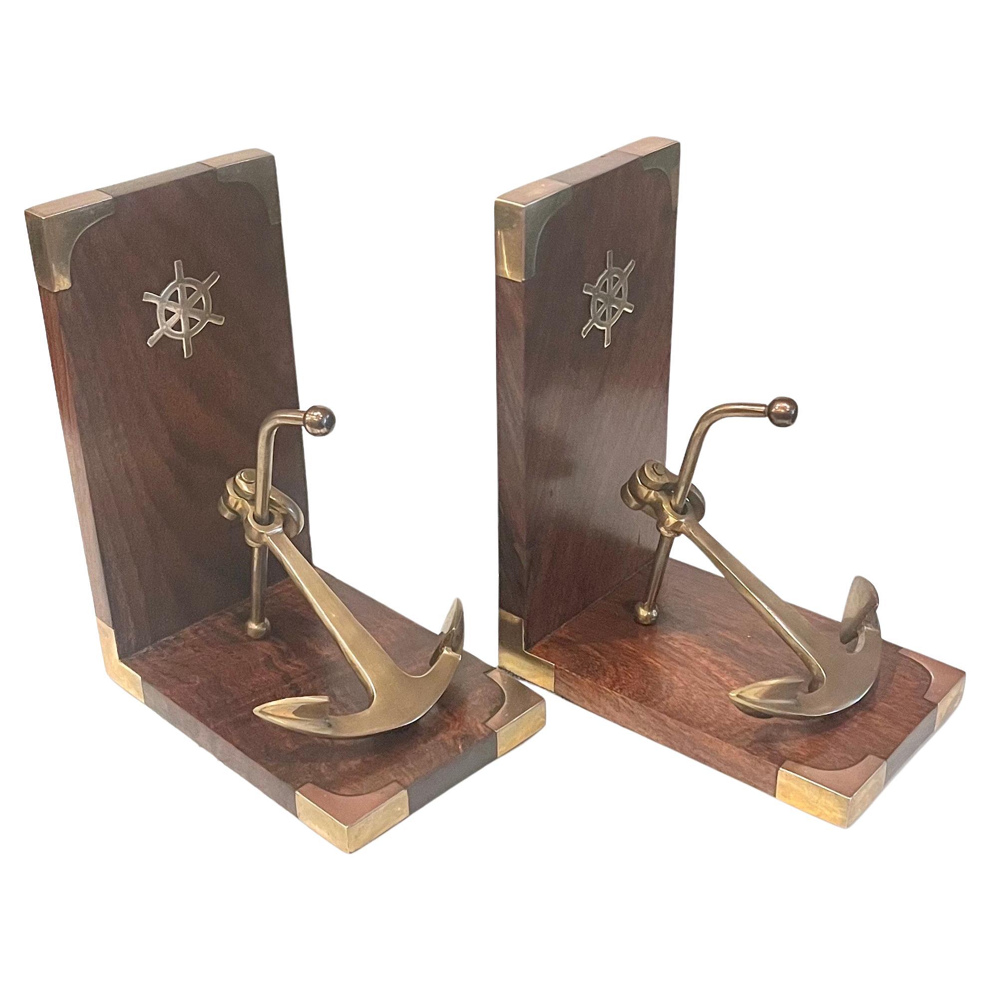 Pair of Solid rosewood & Brass Italian Nautical Anchor Bookends For Sale
