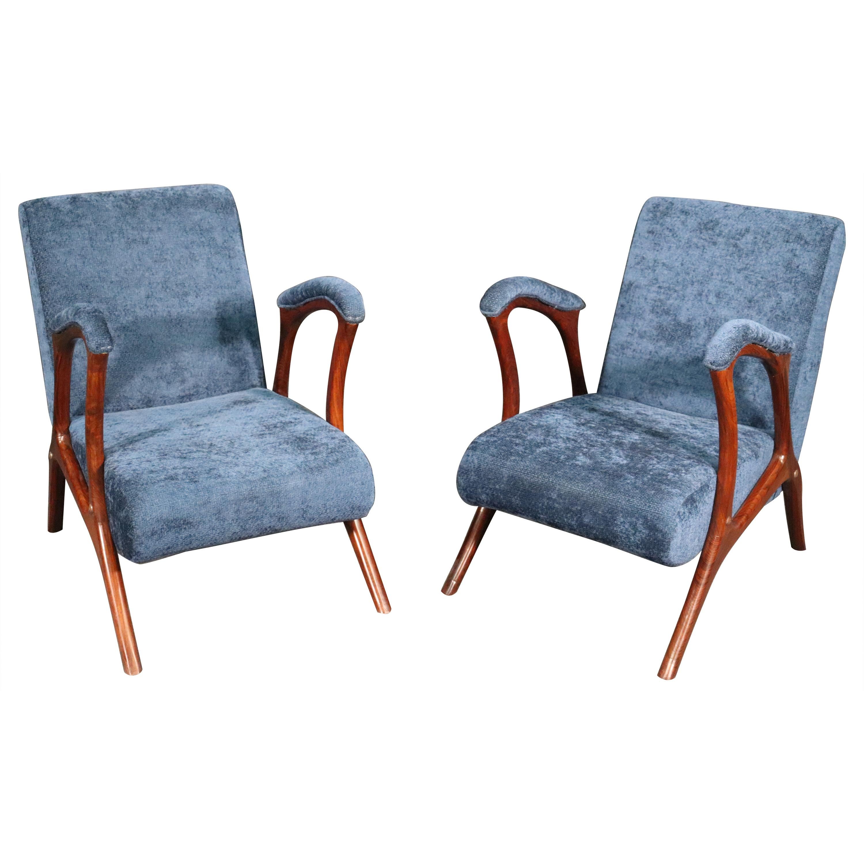 Pair of Solid Rosewood Italian Gio Ponti Style Mid-Century Modern Club Chairs