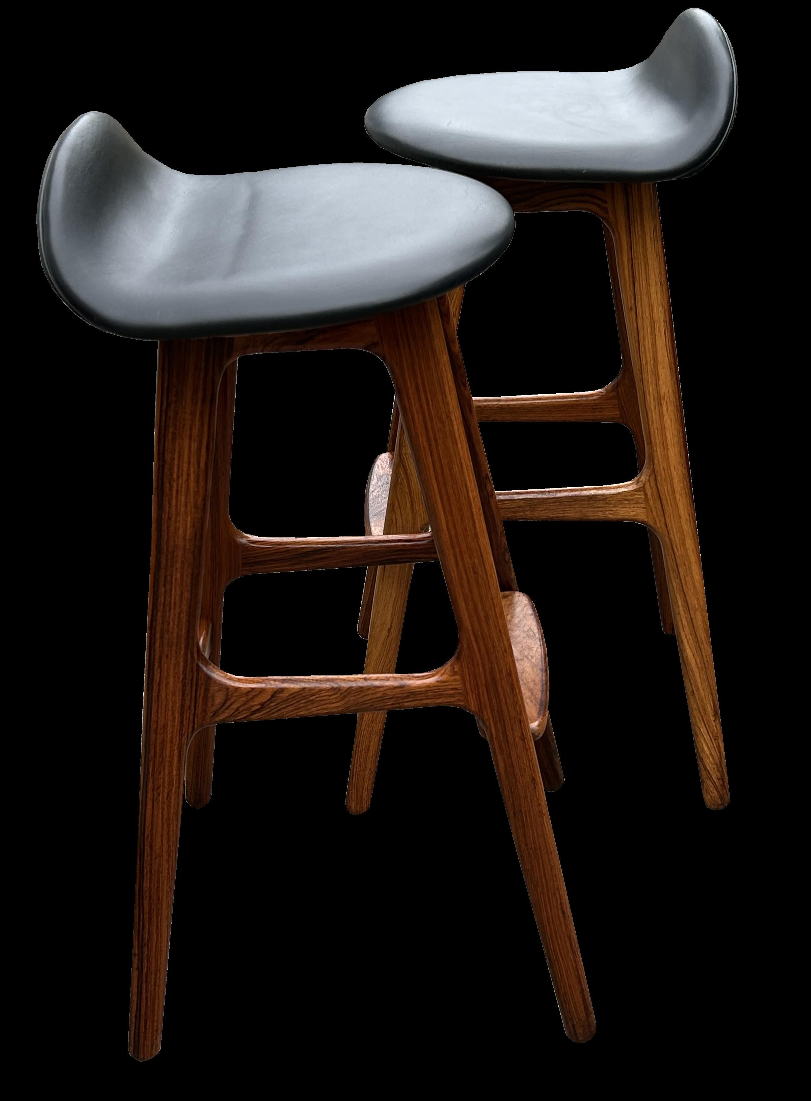 Scandinavian Modern Pair of Solid Santos Rosewood Bar Stools by Erik Buck for O D Mobler For Sale