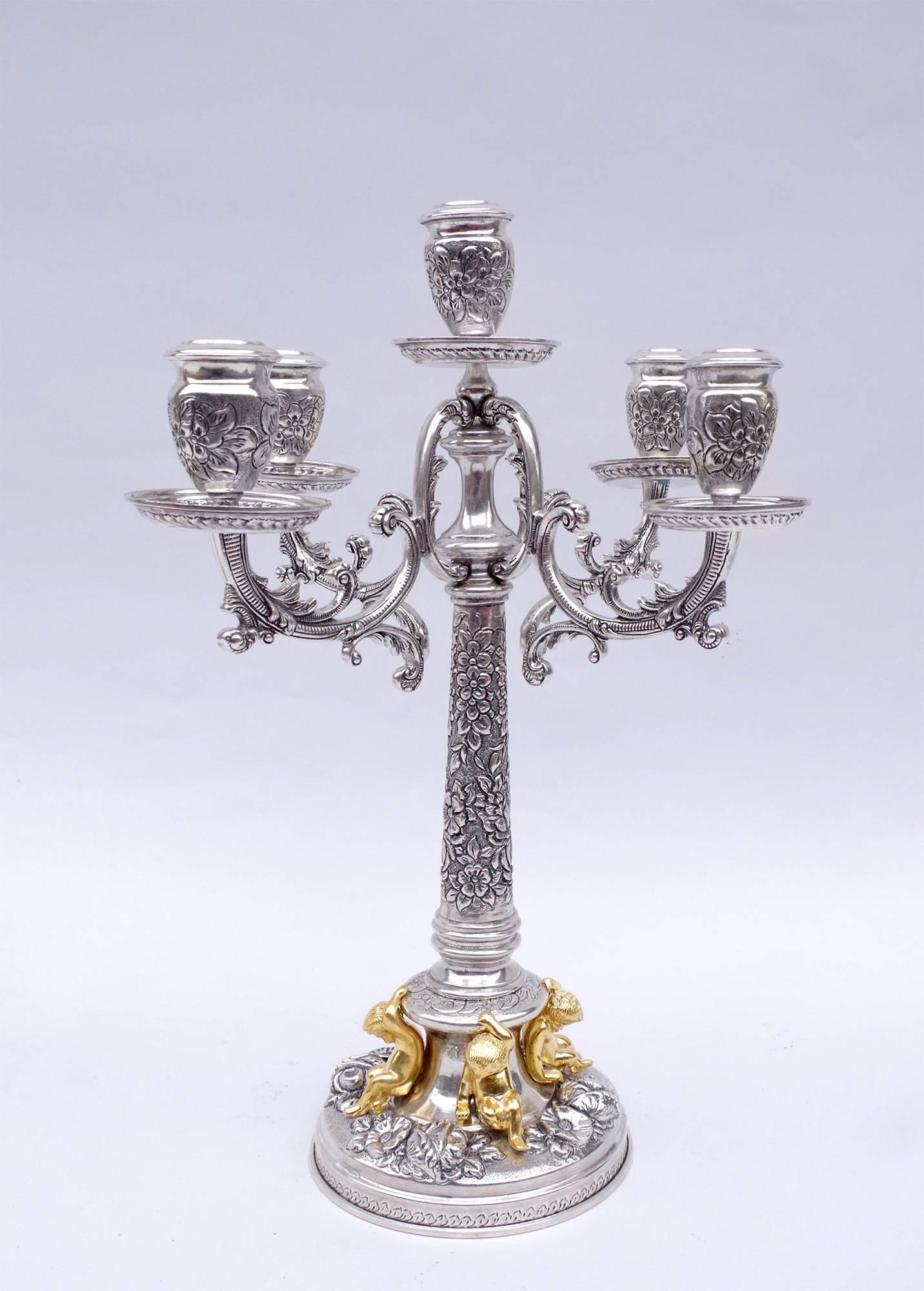 Pair of Solid Silver Candelabra in the Louis XIV Style with Putti, circa 1900 In Good Condition In Saint-Ouen, FR
