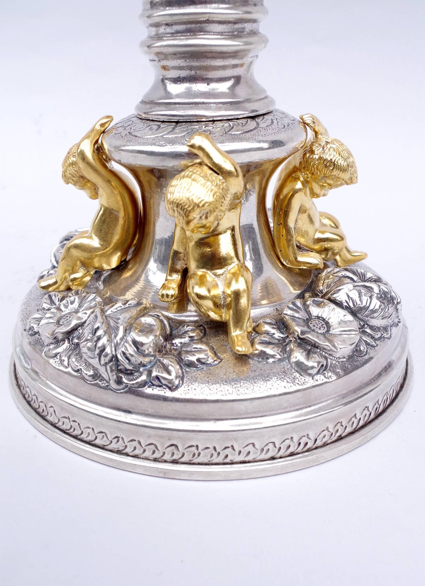 Sterling Silver Pair of Solid Silver Candelabra in the Louis XIV Style with Putti, circa 1900