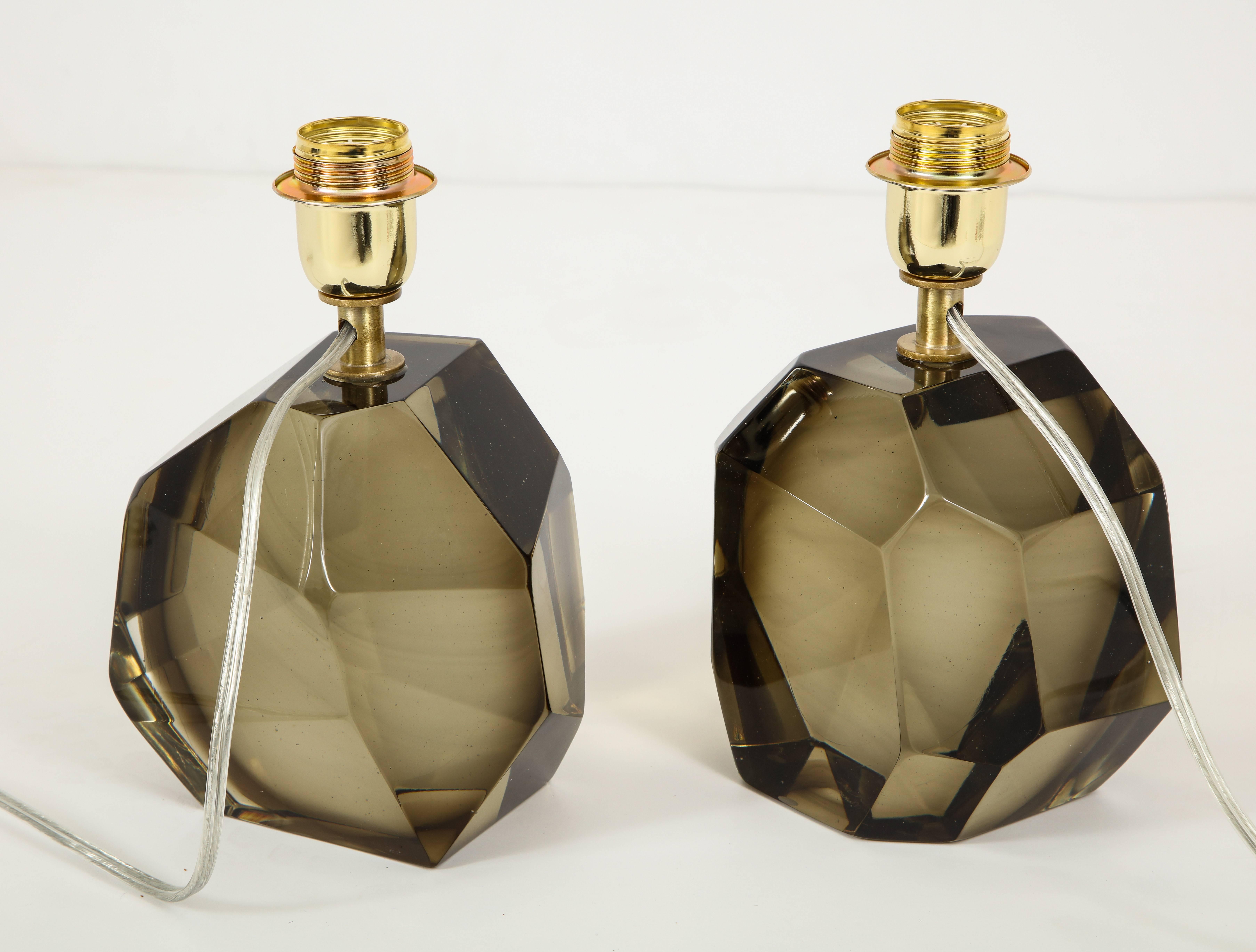 Pair of Solid Smoke Taupe Murano Glass Lamps In Excellent Condition In New York, NY