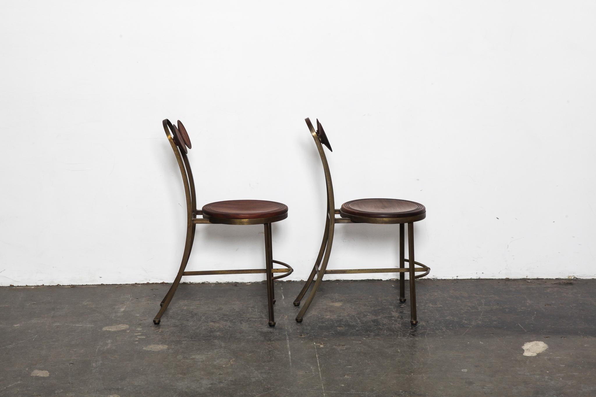 Mid-Century Modern Pair of Solid Solid Bronze and Freijo Wood Side Chairs Pedro Useche, Brazil