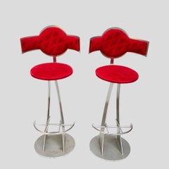 Pair of  solid Steel metal Vintage Martini bar Stools from Italy
