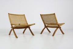 Pair of Solid Teak and Cane Folding Lounge Chairs, Midcentury Style, Modern