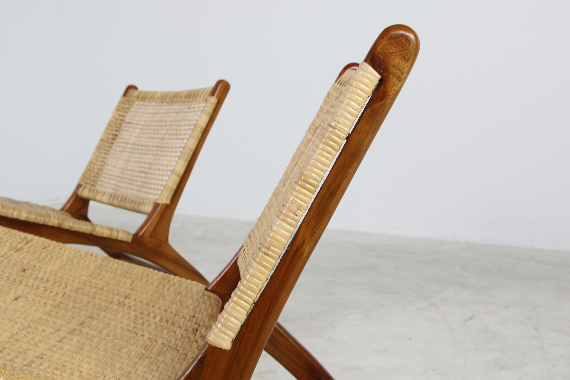 Mid-Century Modern Pair of Solid Teak and Cane Lounge Chairs, Brazilian & Midcentury Style, Modern
