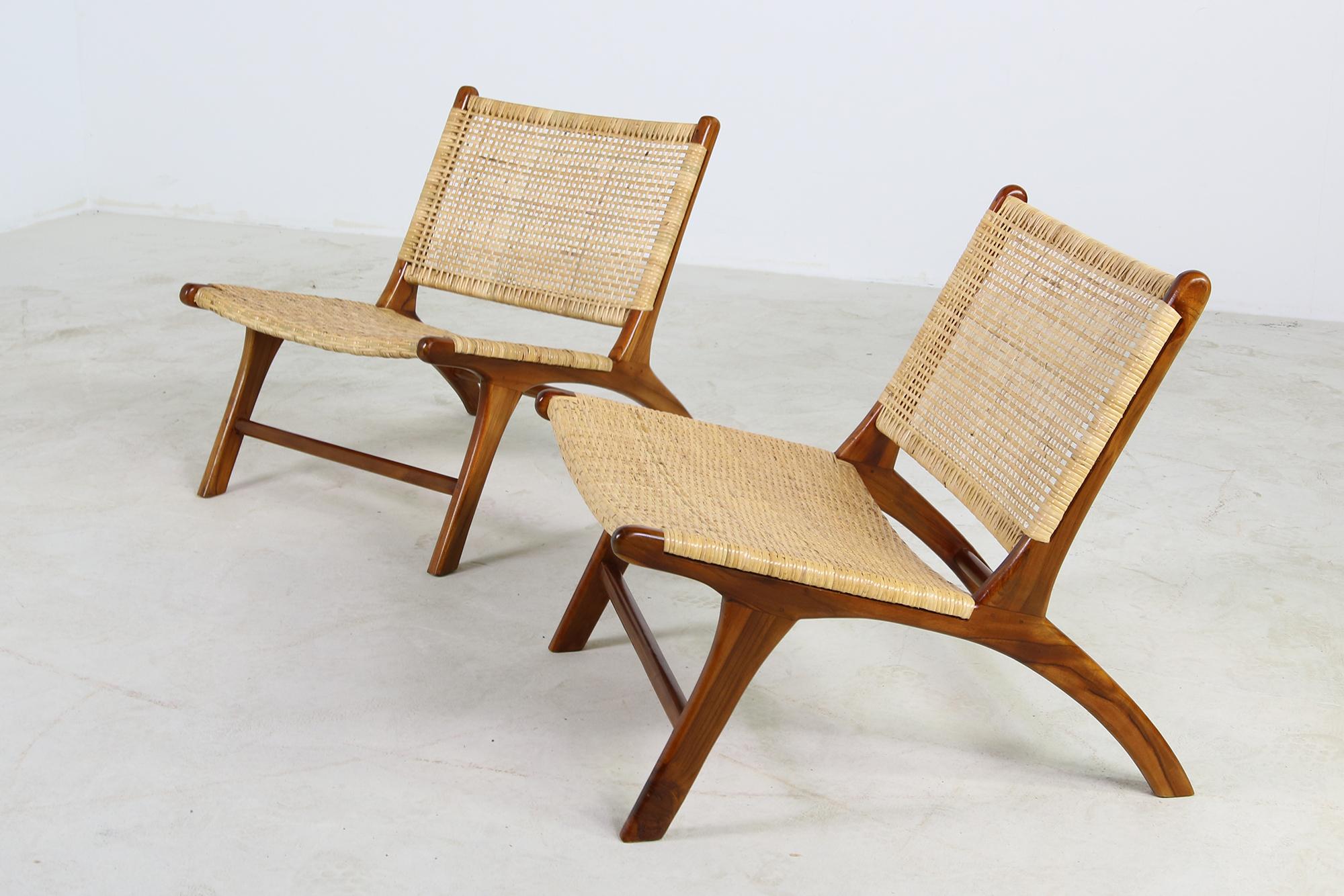 Indonesian Pair of Solid Teak and Cane Lounge Chairs, Brazilian & Midcentury Style, Modern