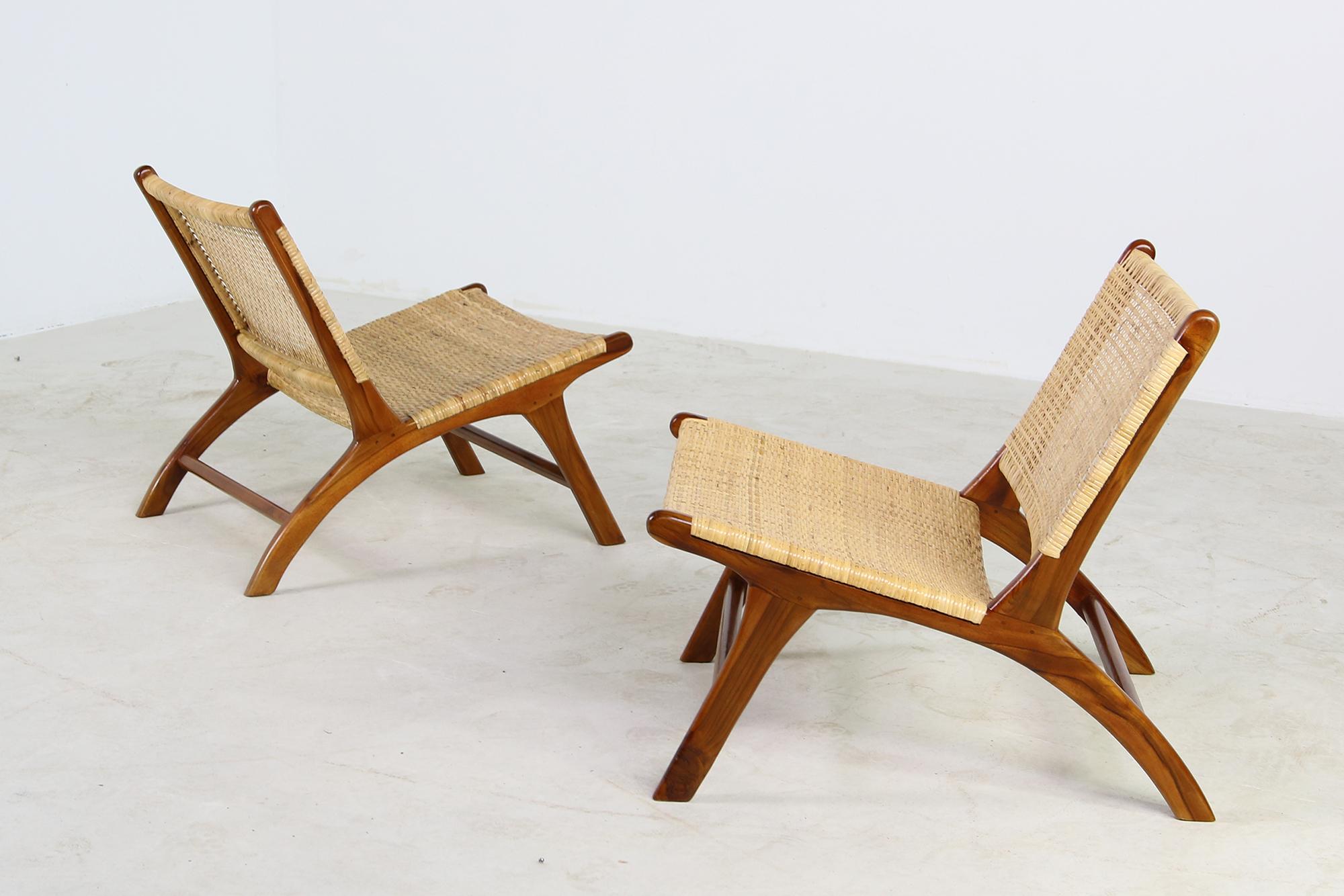 Contemporary Pair of Solid Teak and Cane Lounge Chairs, Brazilian & Midcentury Style, Modern