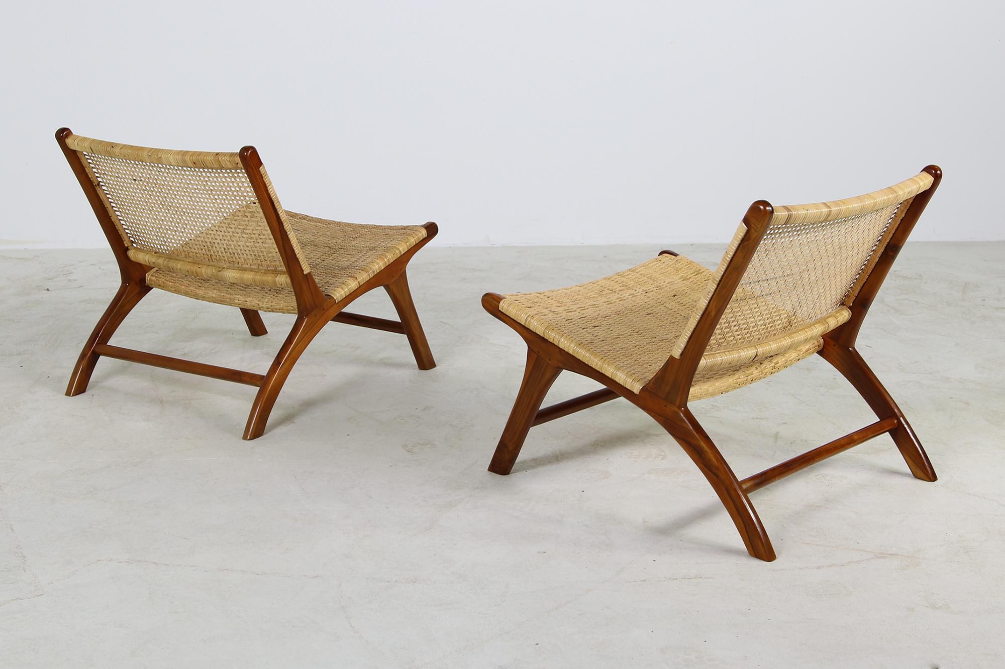 Pair of Solid Teak and Cane Lounge Chairs, Brazilian & Midcentury Style, Modern 1