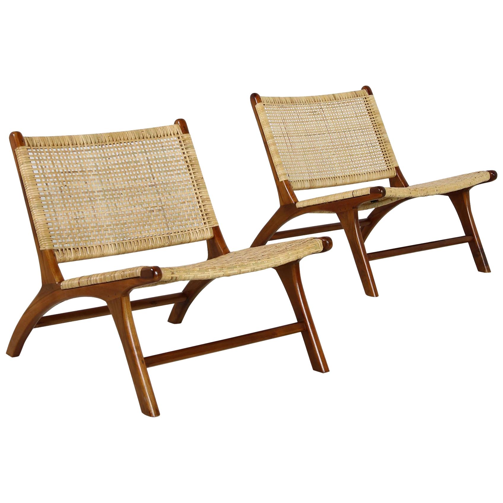 Pair of Solid Teak and Cane Lounge Chairs, Brazilian & Midcentury Style, Modern