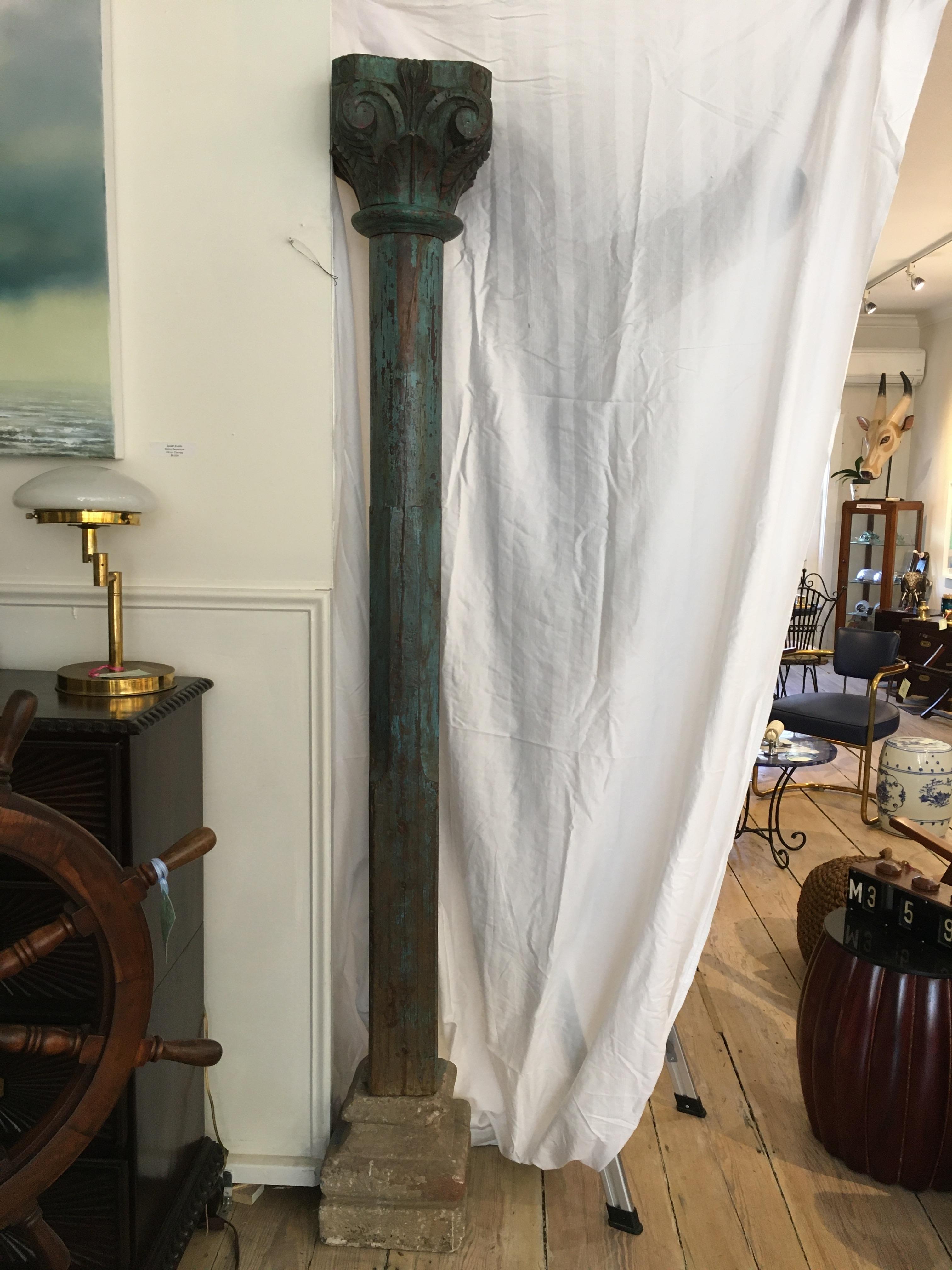 Pair of Solid Teak Columns on Stone Bases with Original Paint, Late 19th Century In Good Condition In Nantucket, MA