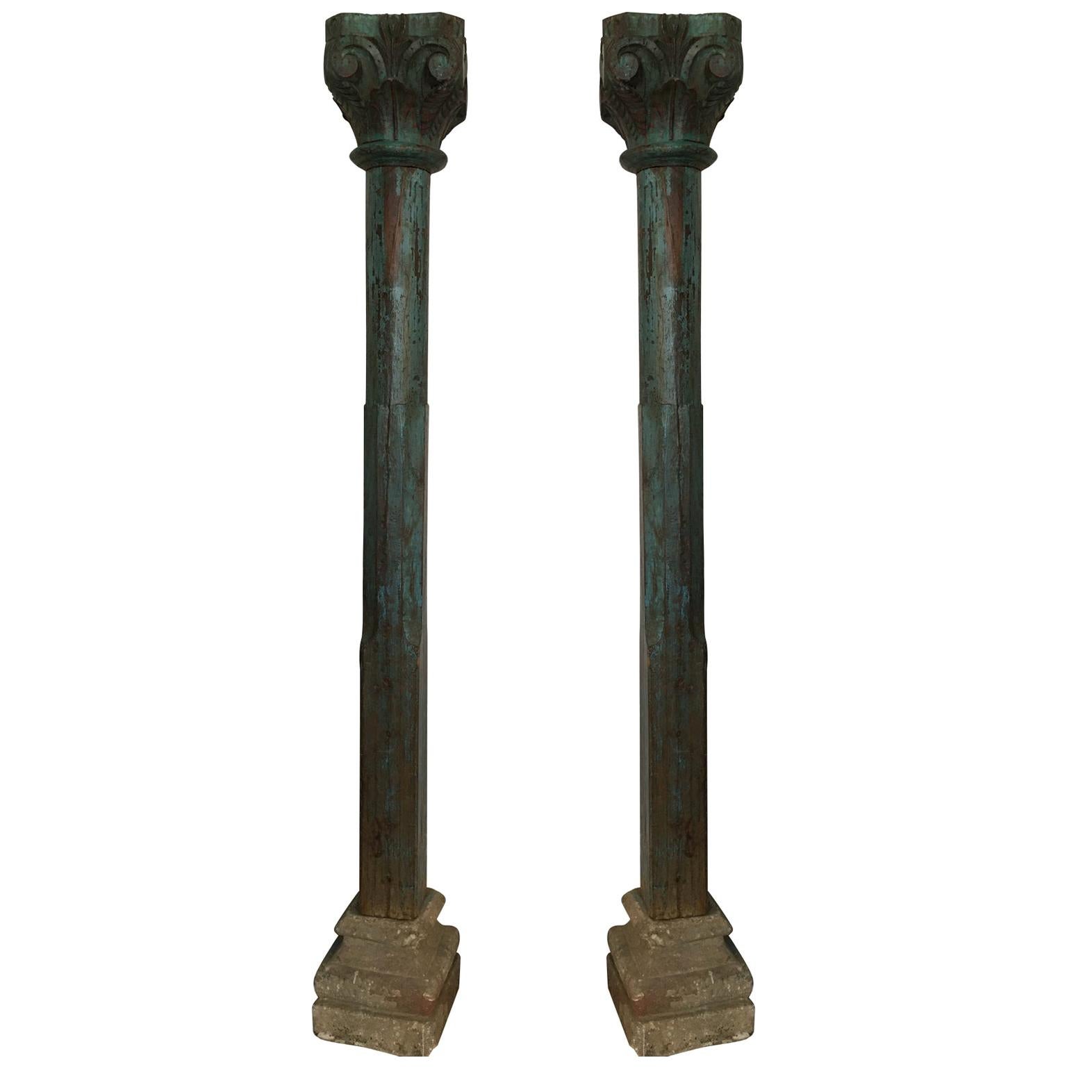 Pair of Solid Teak Columns on Stone Bases with Original Paint, Late 19th Century