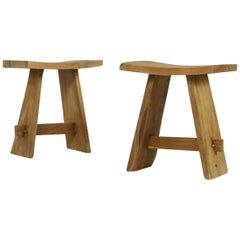 Pair of Solid Teak Curved Butterfly Stools, Japan Style, Modern Organic Shape