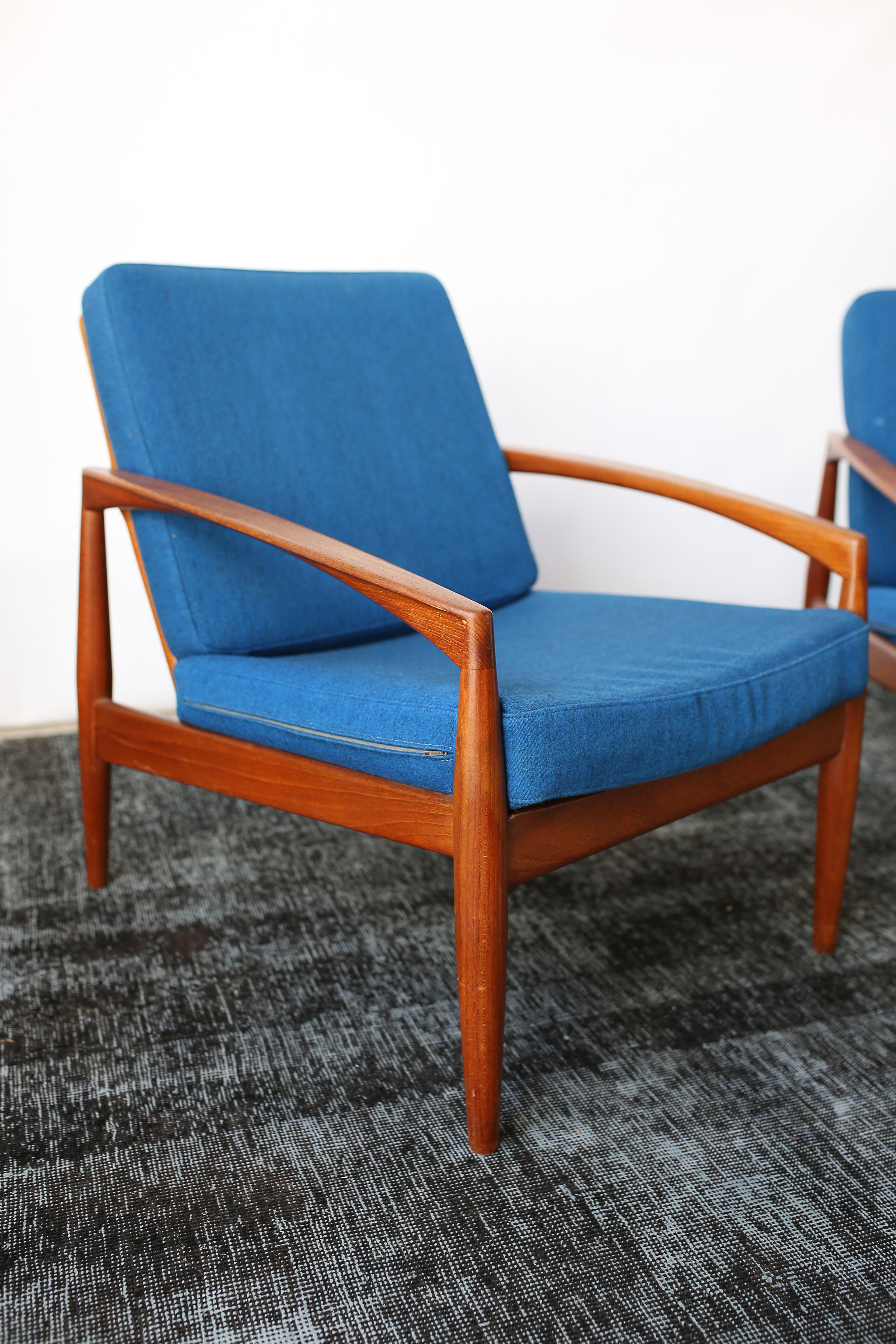 Wool Pair of Solid Teak 'Paper Knife' Lounge Chairs by Kai Kristiansen, 1955