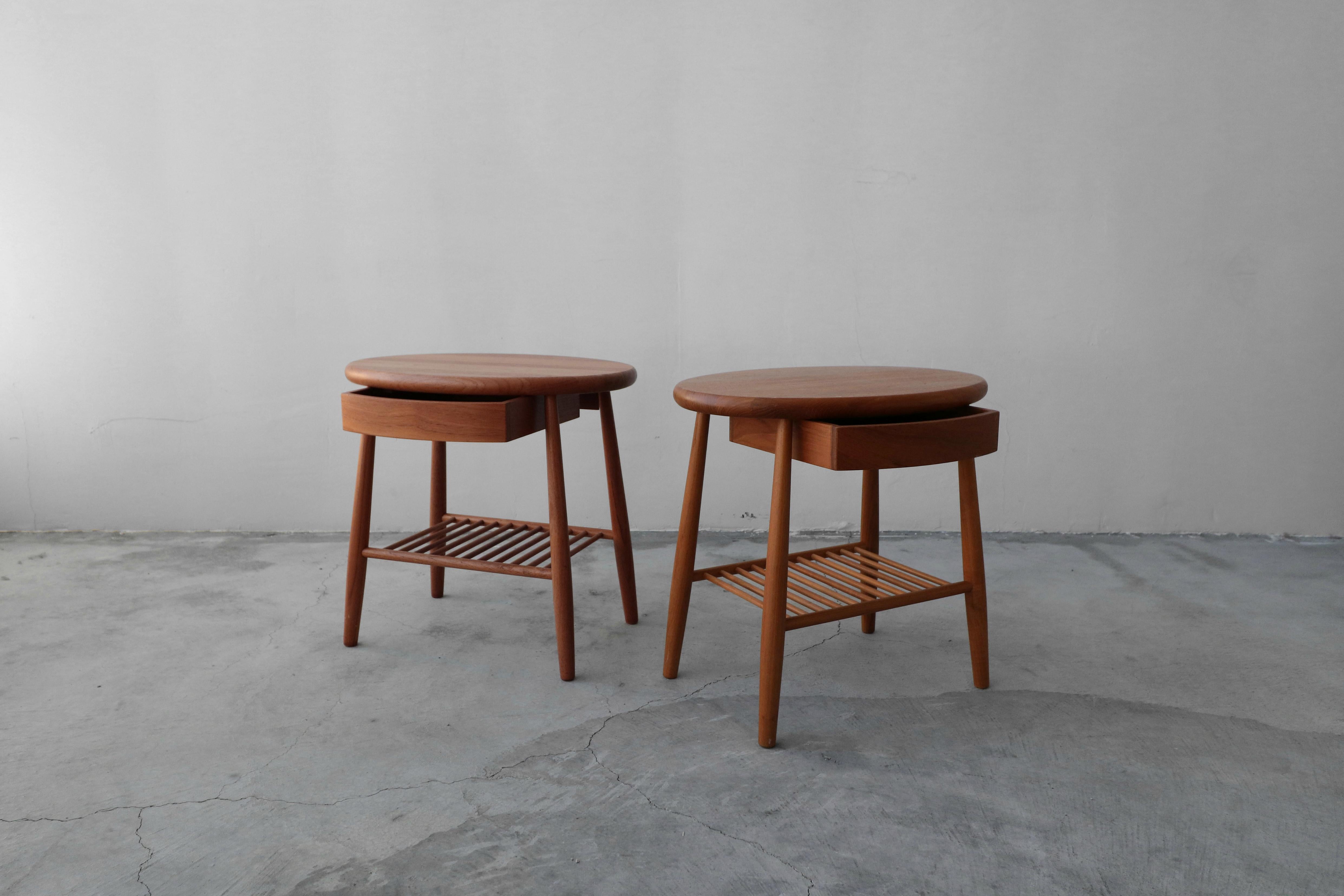 Mid-Century Modern Pair of Solid Teak Oval Midcentury Danish Side Tables with Drawer