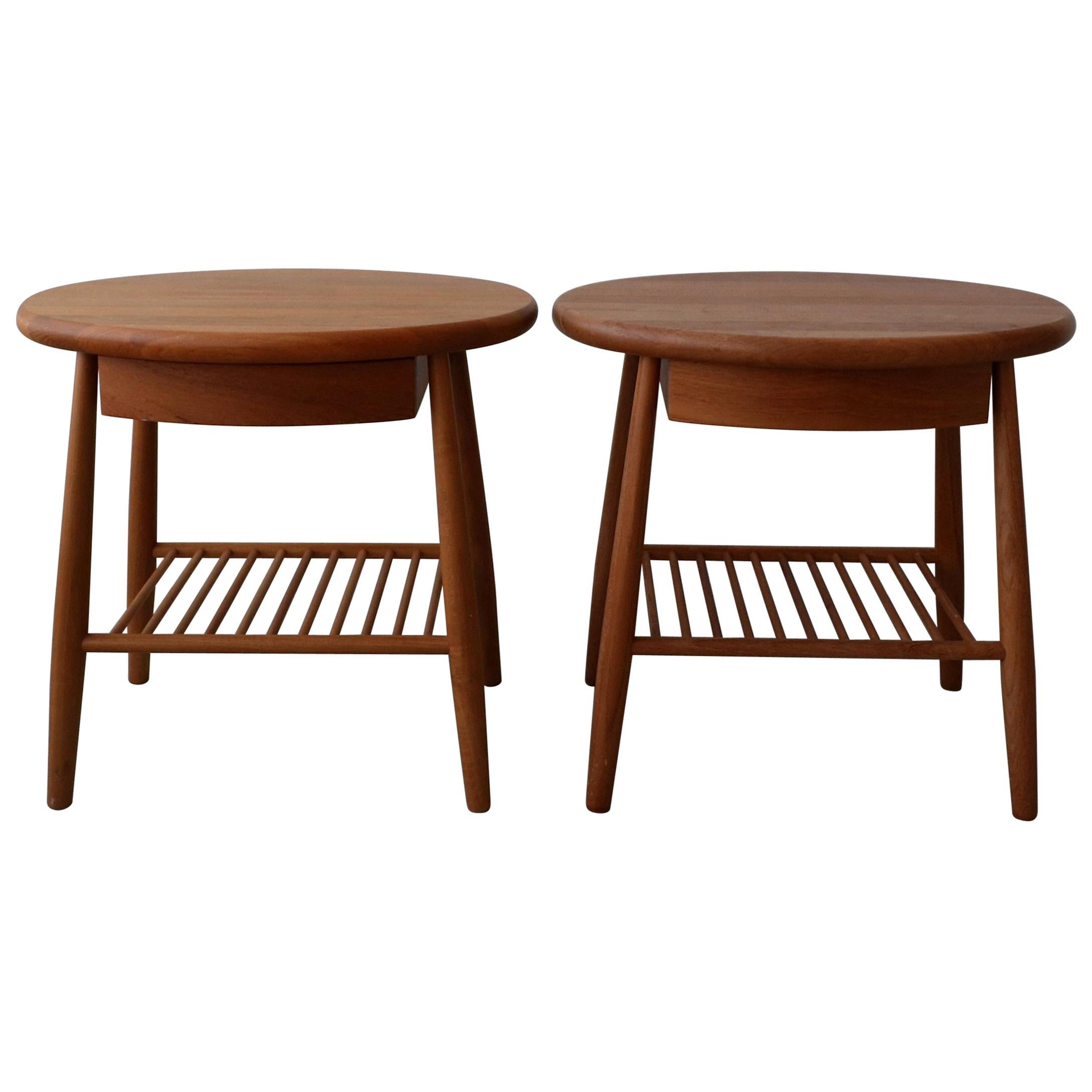 Pair of Solid Teak Oval Midcentury Danish Side Tables with Drawer