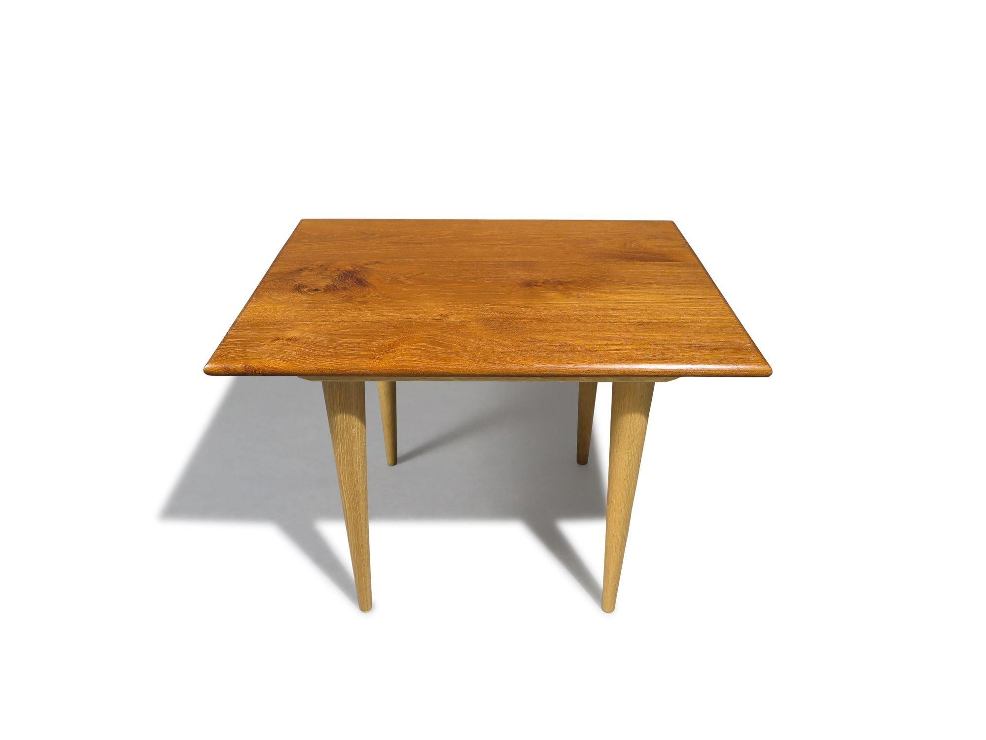 Finely crafted side tables of solid old-growth teak with bullnose edge and raised on white oak legs. The tables are high-quality, sturdy, and finished in a natural oil and wax to highlight the natural wood tones. Excellent condition.
Measurements
W