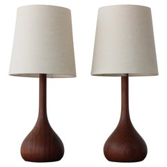 Antique Pair of Solid Teak Table Lamps, Denmark, 1950s