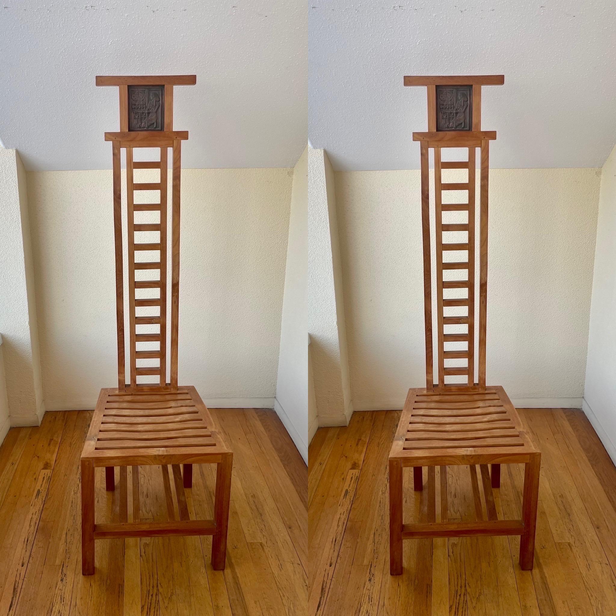 Pair of Solid Teak Tall Back Rare Chairs with Egyptian Motif 1
