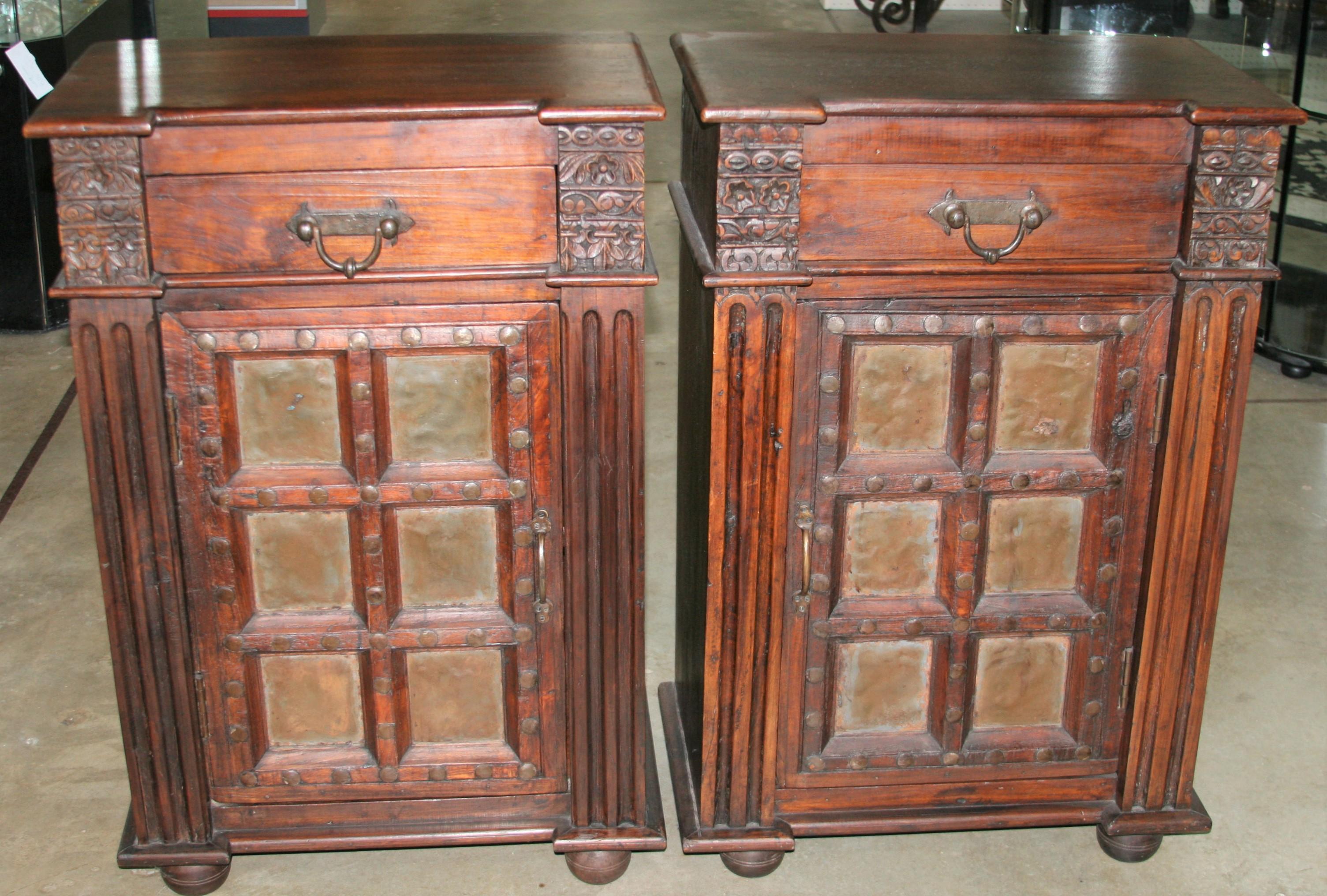 The bottom doors for the nightstands come from metal reinforced entry doors used in 1820s home. See the door thickness and the metal sheet covering the door. The stands teak wood come from wooden beams used in the 19th century homes. Though it is