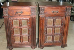 Pair of Solid Teak Wood Nightstands Using 1820s Heavily Fortified Doors