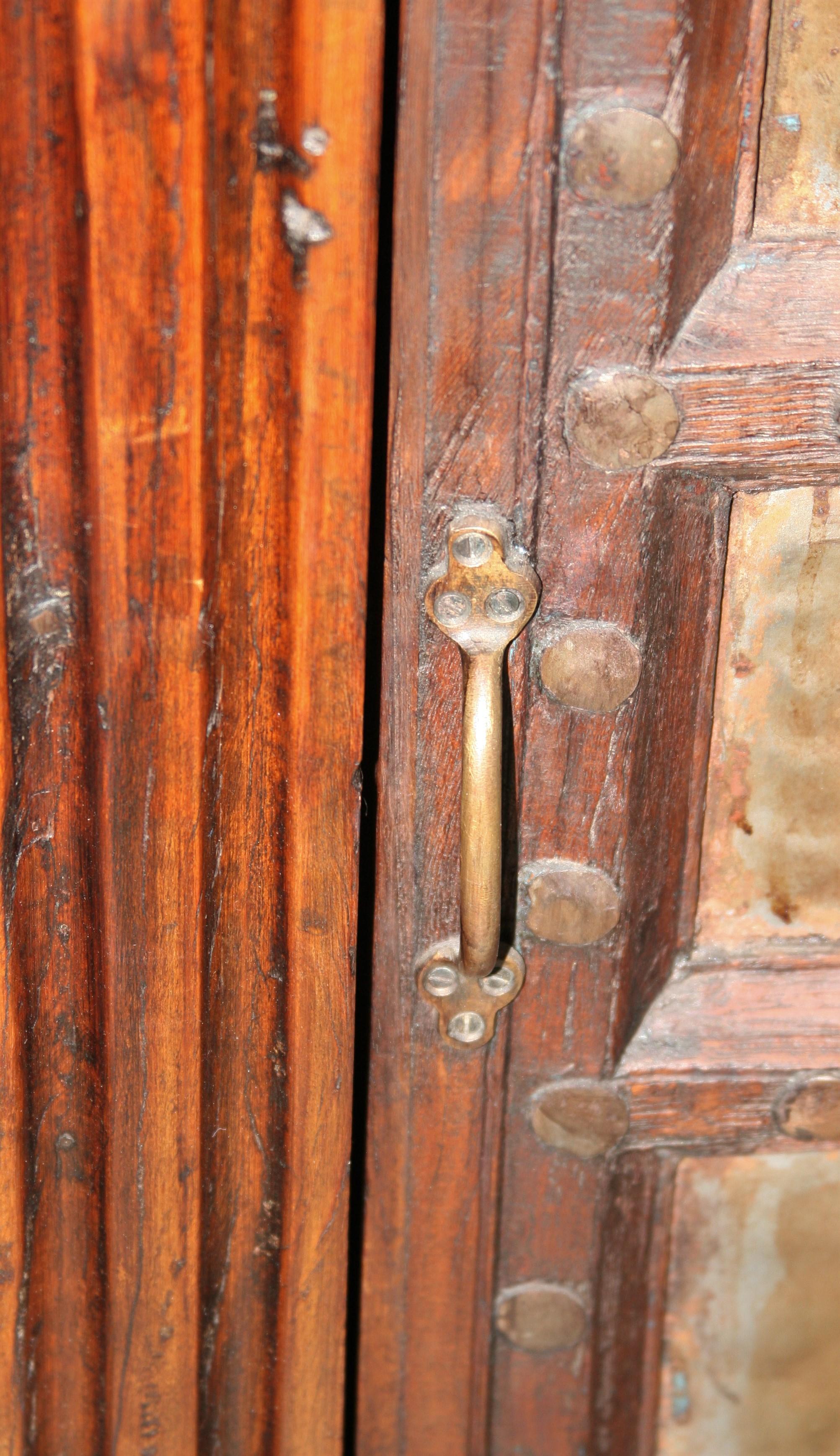 20th Century Pair of Solid Teak Wood Nightstands Using 1820s Heavily Fortified Doors For Sale