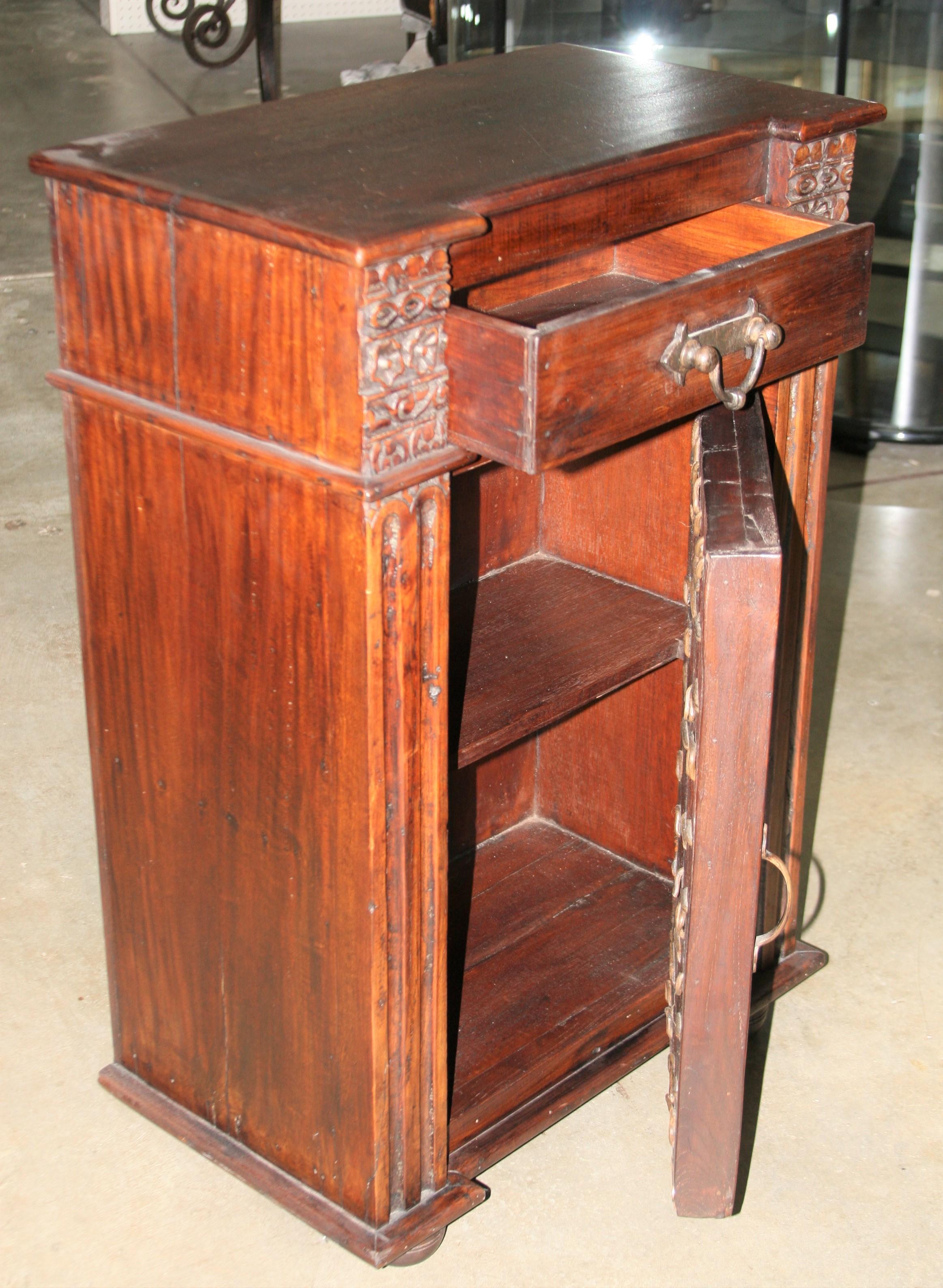 Pair of Solid Teak Wood Nightstands Using 1820s Heavily Fortified Doors For Sale 1