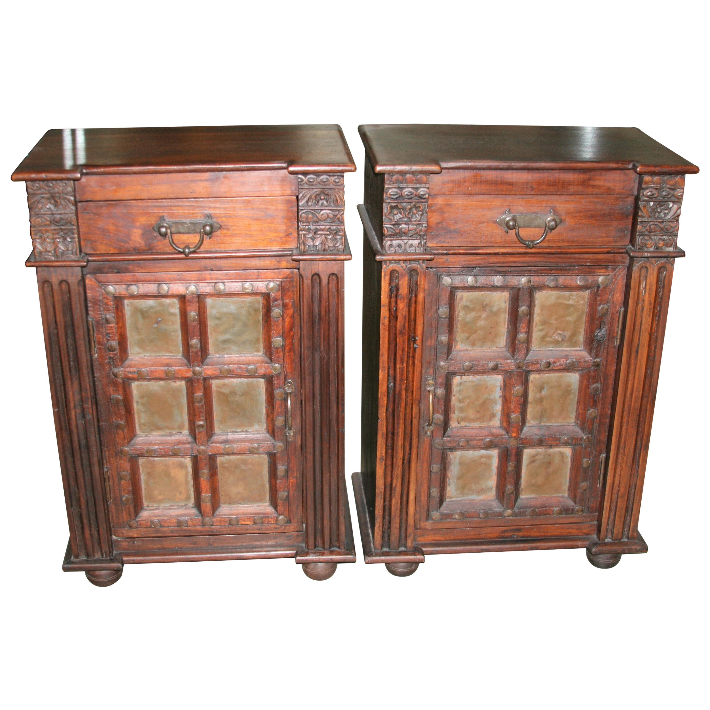 Pair of Solid Teak Wood Nightstands Using 1820s Heavily Fortified Doors For Sale