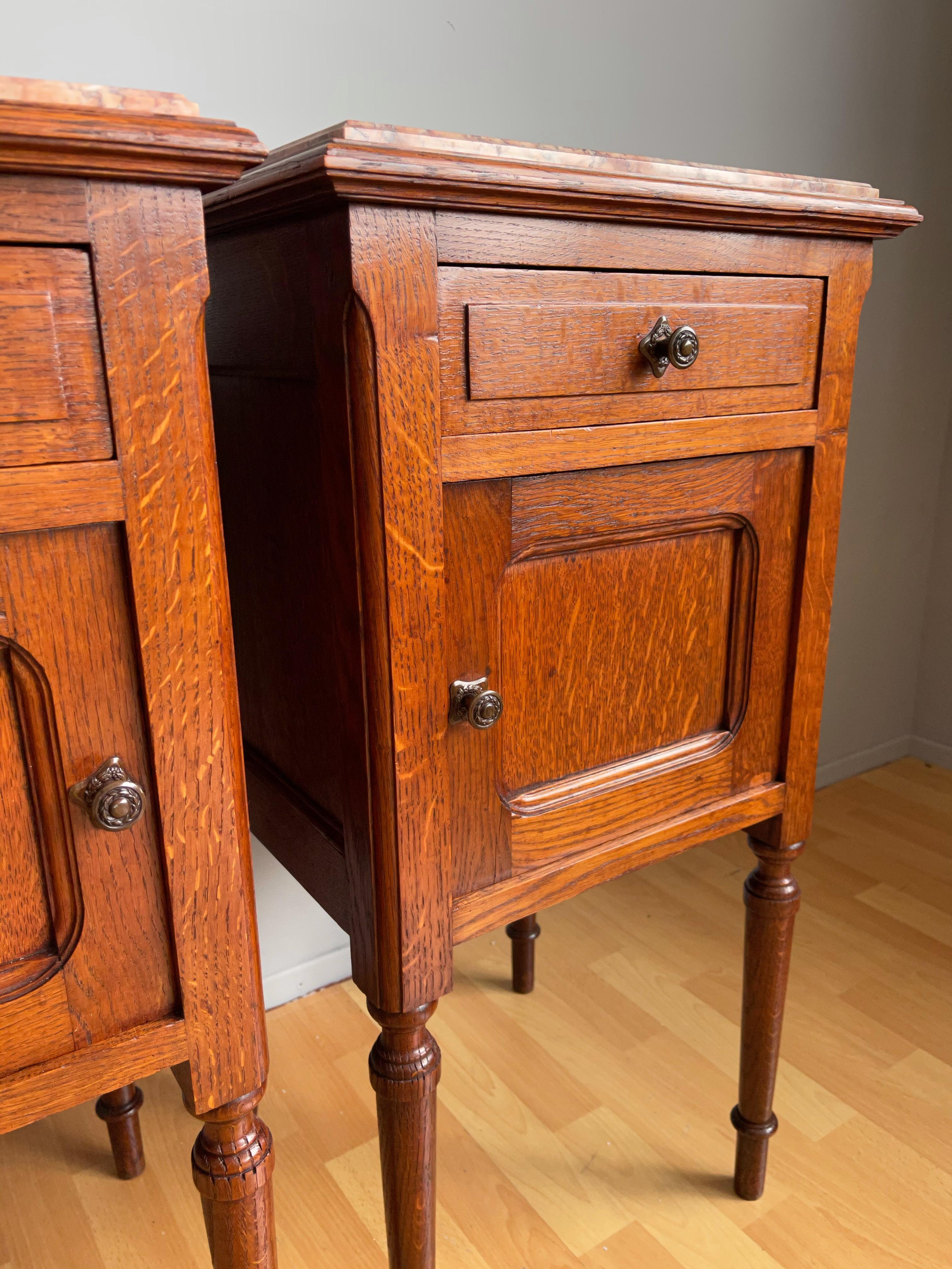 Pair of Solid Tiger Oak Dutch Arts & Crafts Bedside Cabinets w. Marble Tops 1900 2