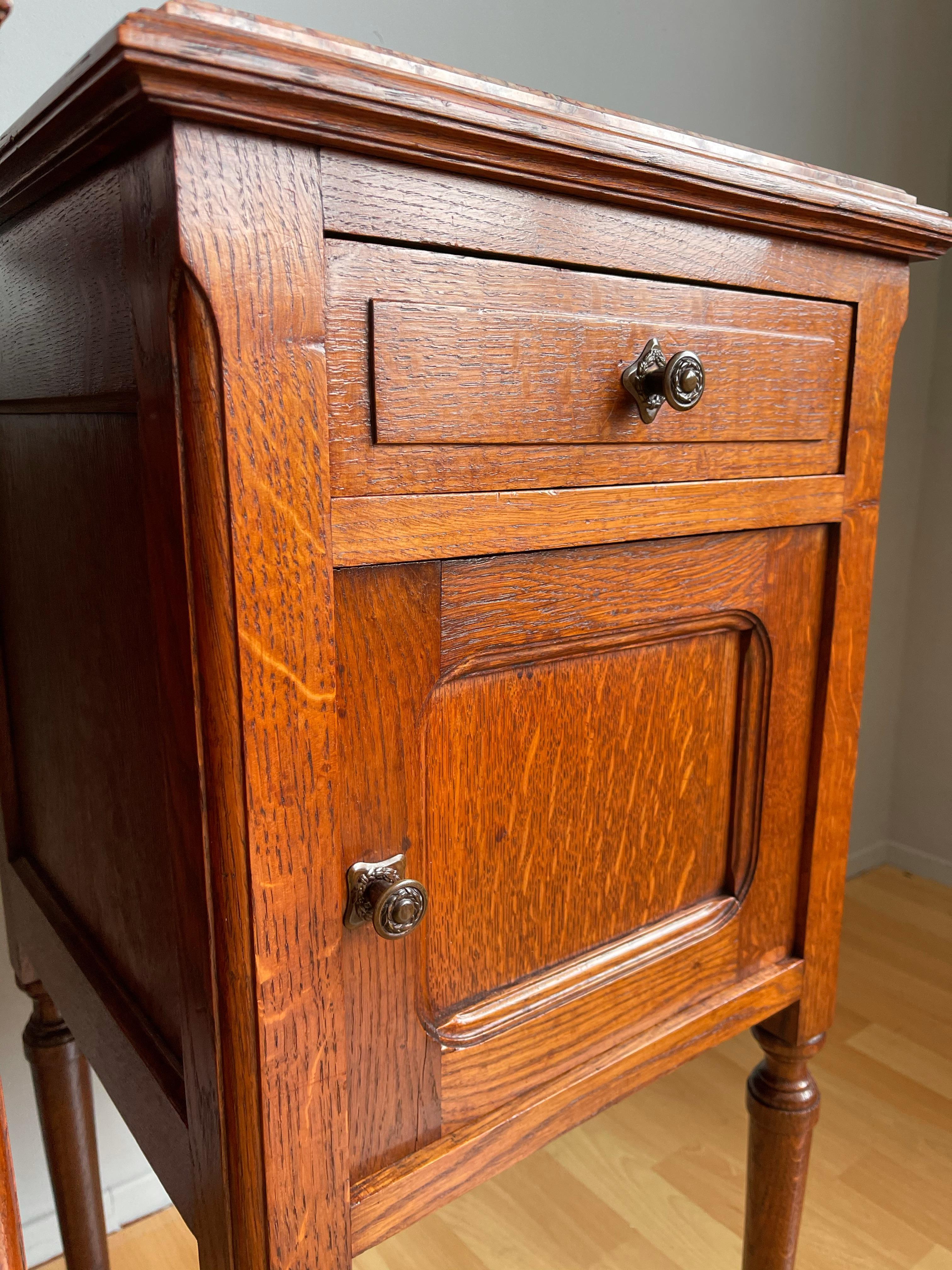 Pair of Solid Tiger Oak Dutch Arts & Crafts Bedside Cabinets w. Marble Tops 1900 3