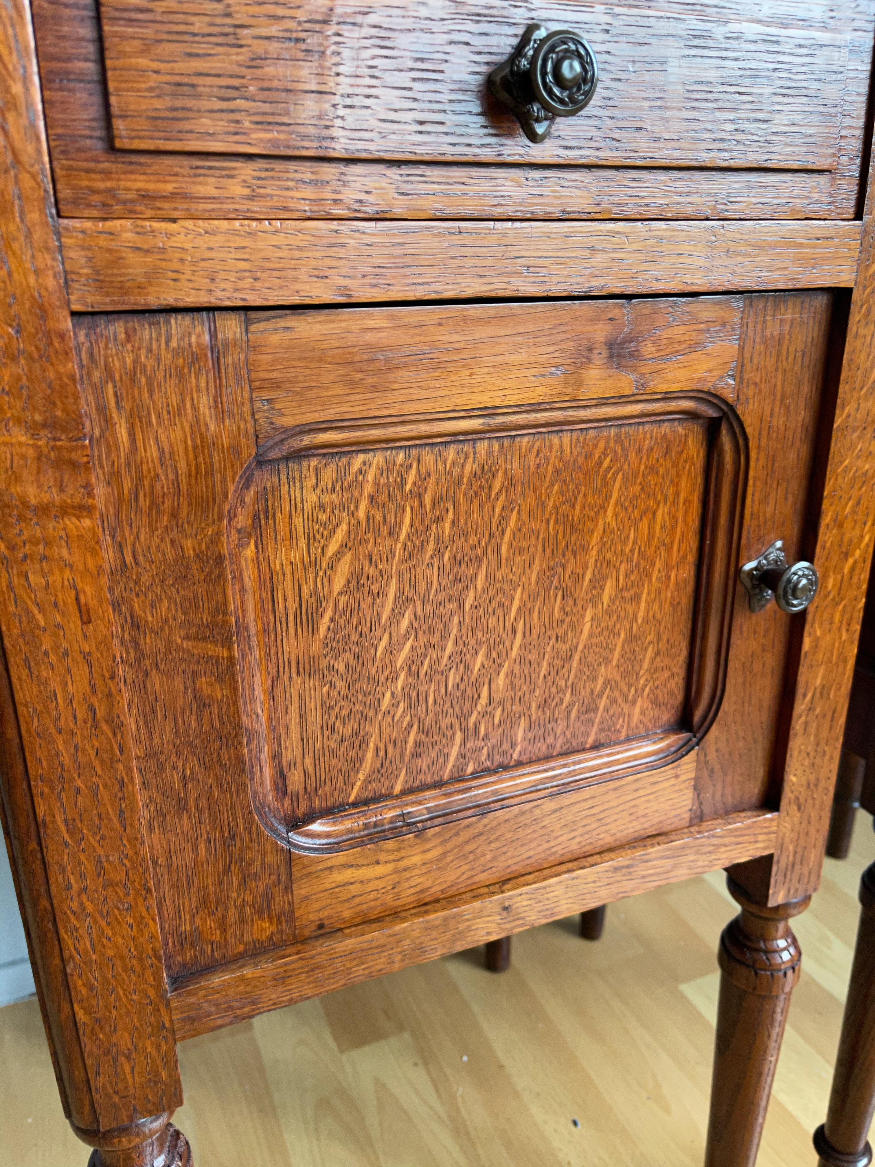 Pair of Solid Tiger Oak Dutch Arts & Crafts Bedside Cabinets w. Marble Tops 1900 6