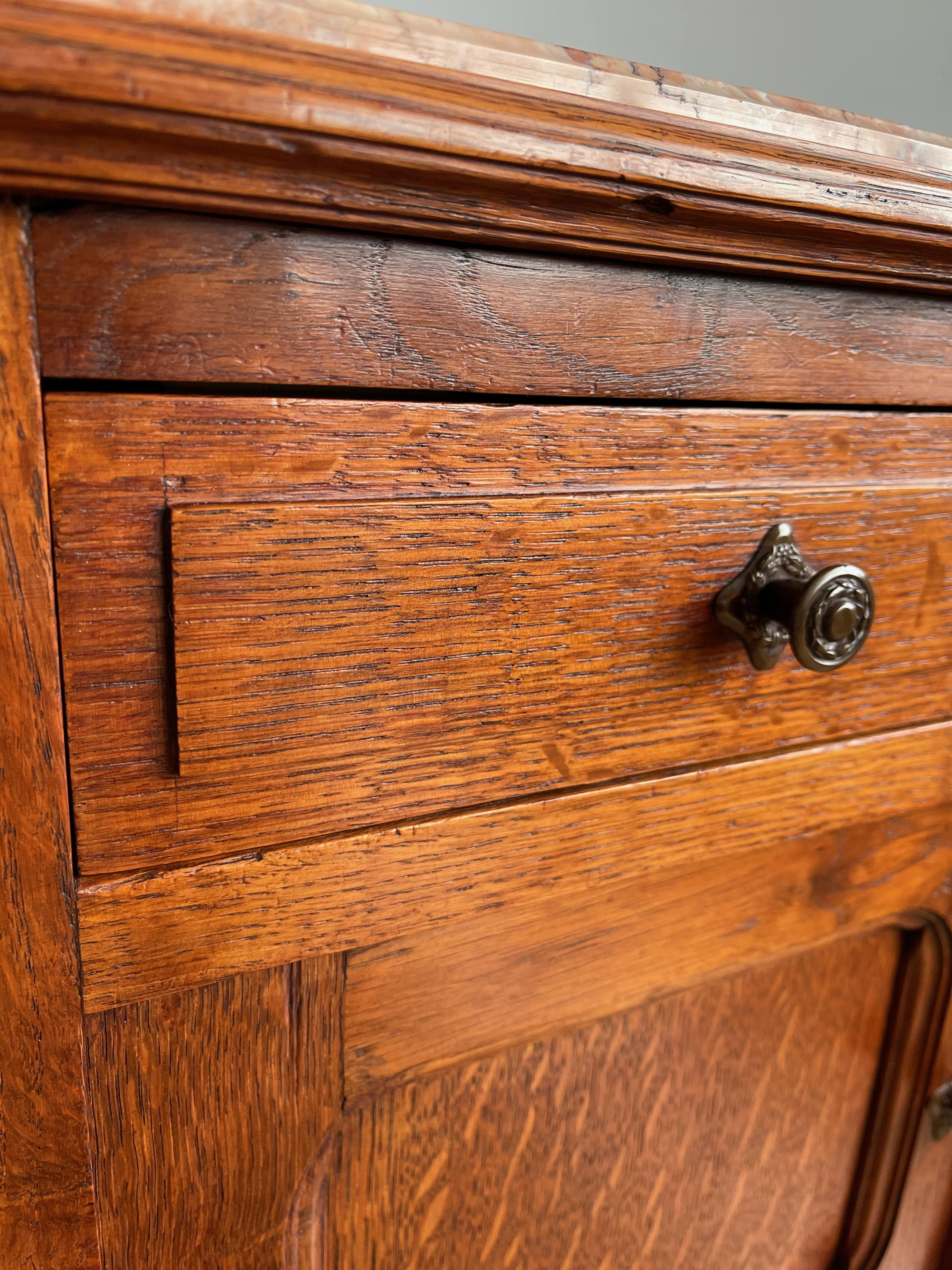 Pair of Solid Tiger Oak Dutch Arts & Crafts Bedside Cabinets w. Marble Tops 1900 10