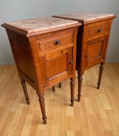Pair of Solid Tiger Oak Dutch Arts & Crafts Bedside Cabinets w. Marble Tops 1900