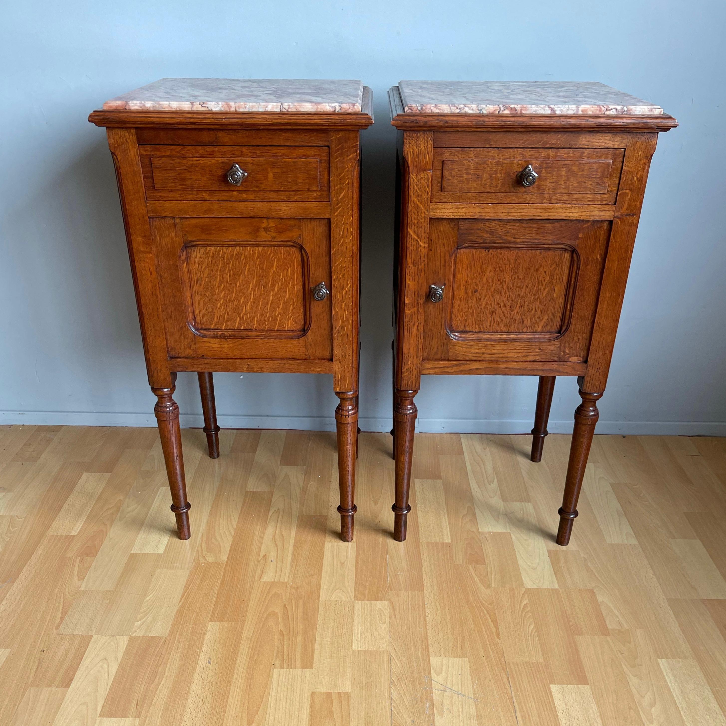 Pair of Solid Tiger Oak Dutch Arts & Crafts Bedside Cabinets w. Marble Tops 1900 11