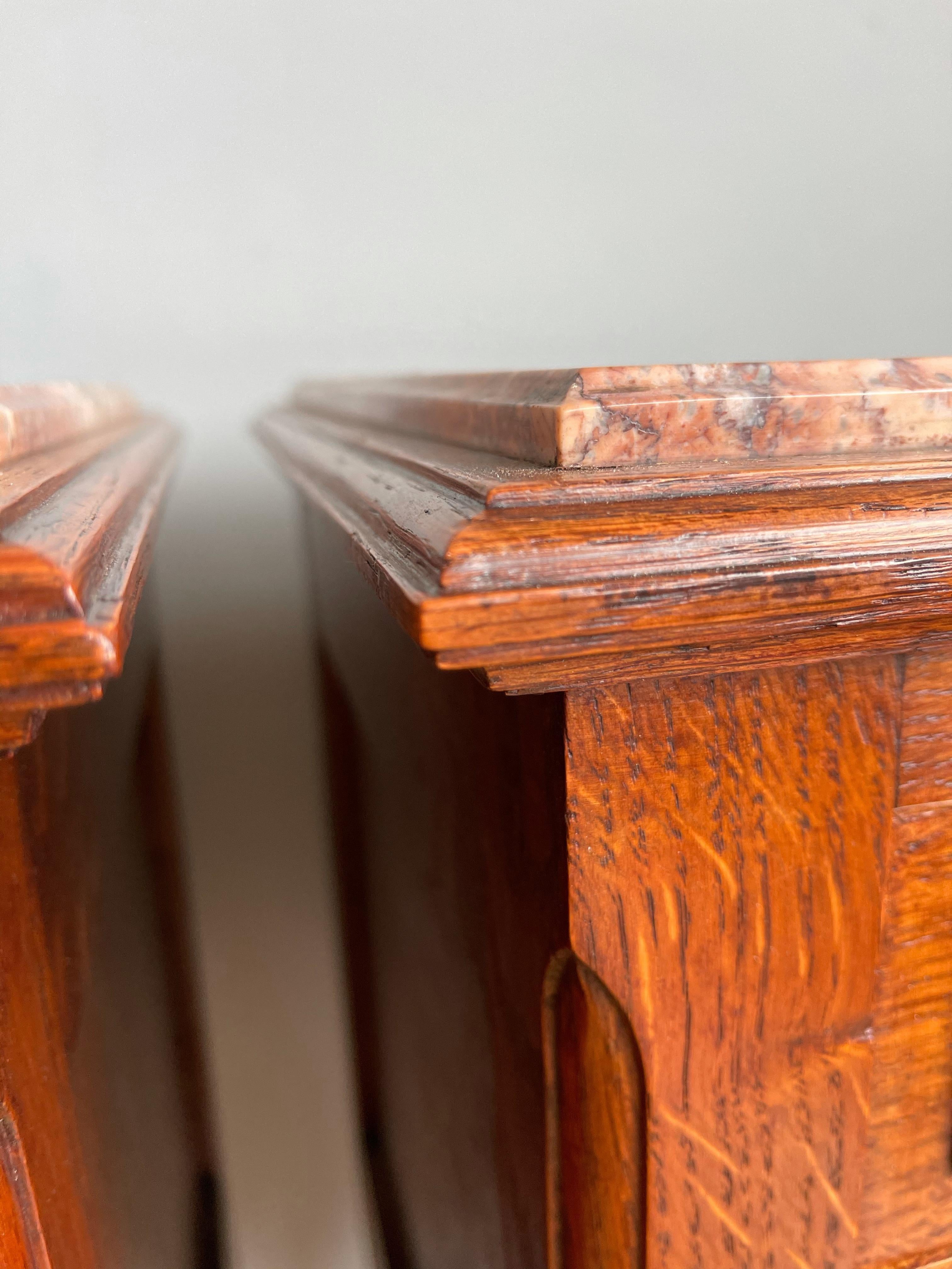 Arts and Crafts Pair of Solid Tiger Oak Dutch Arts & Crafts Bedside Cabinets w. Marble Tops 1900