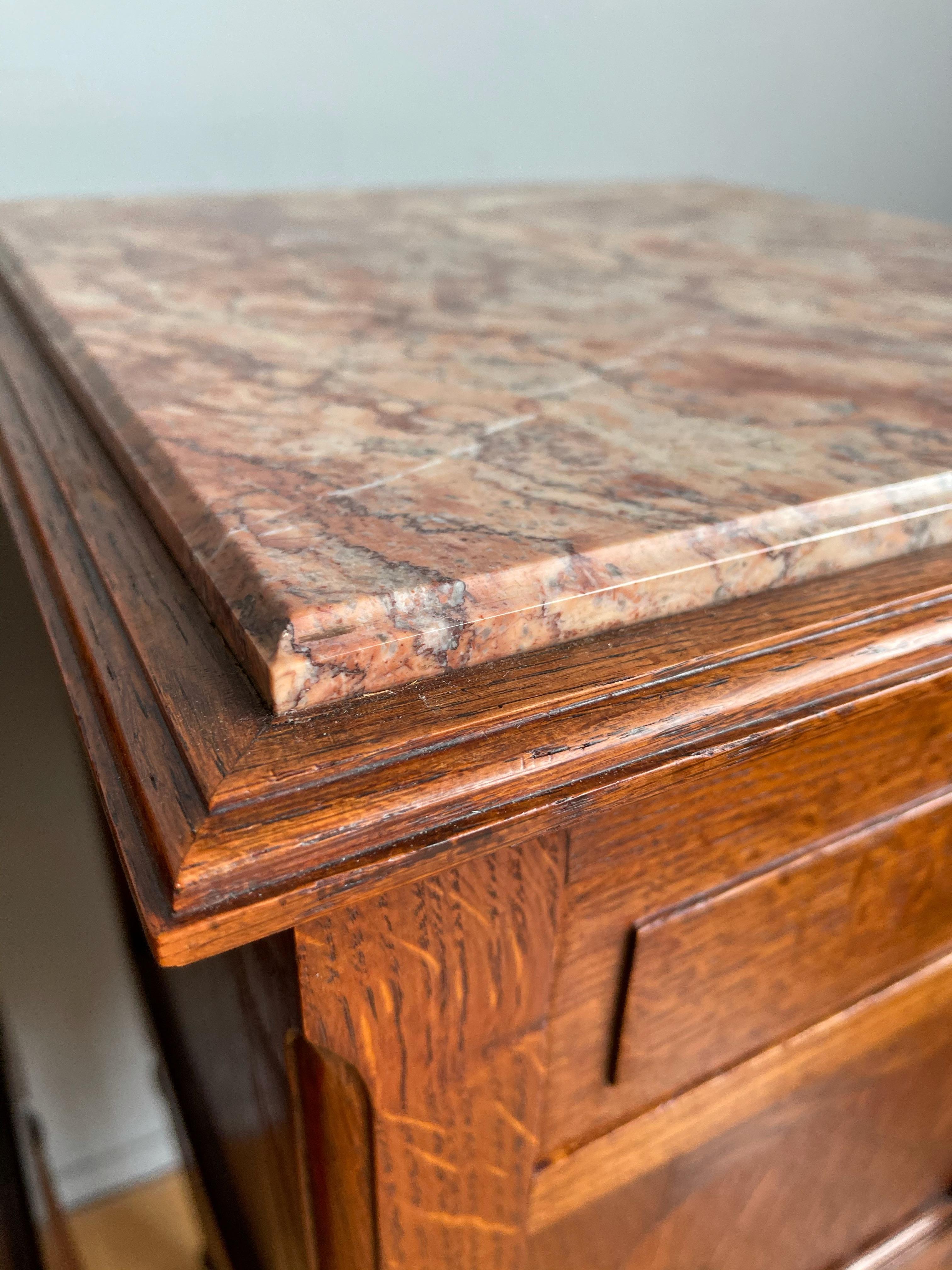 Patinated Pair of Solid Tiger Oak Dutch Arts & Crafts Bedside Cabinets w. Marble Tops 1900