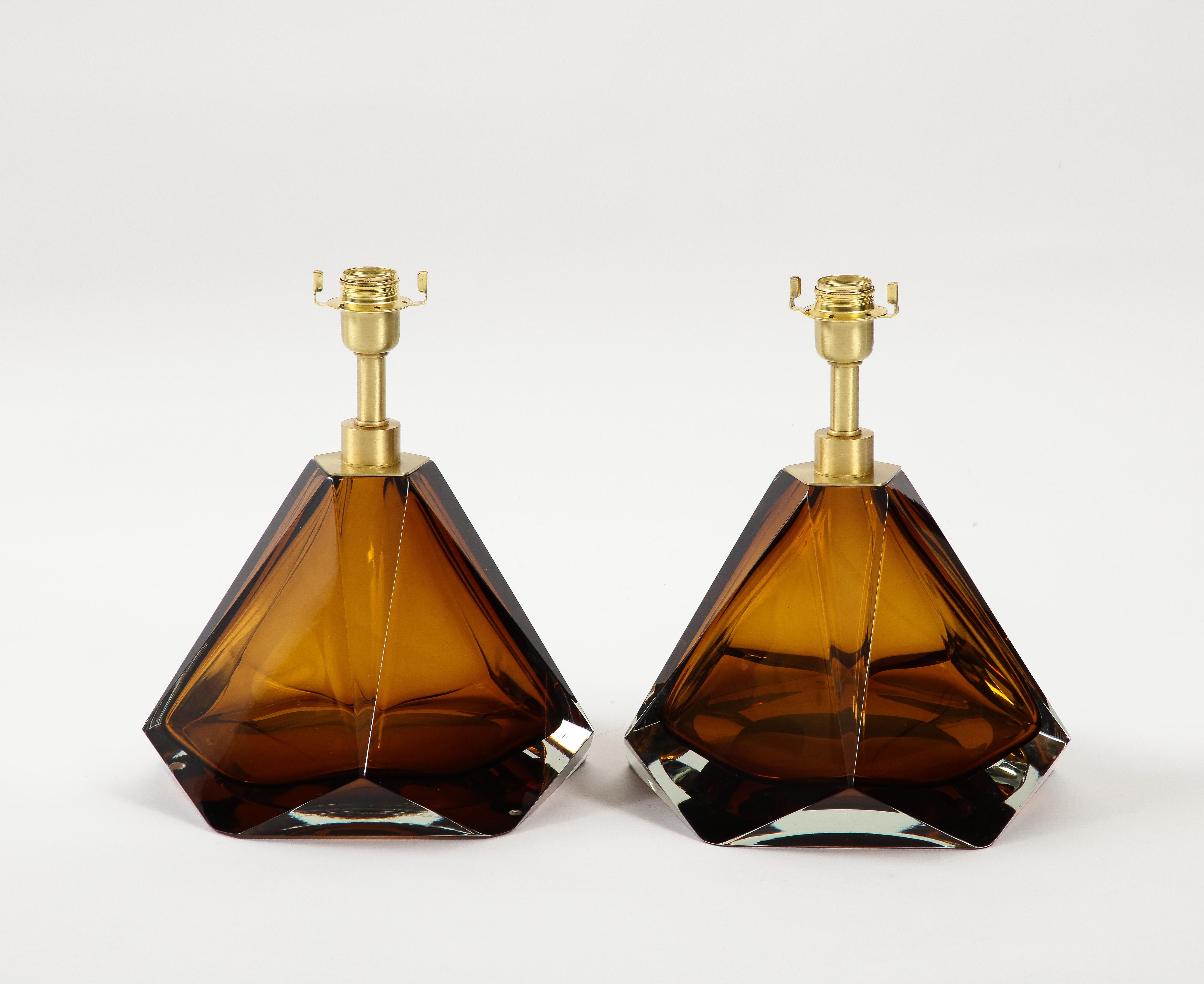 Pair of Solid Tobacco or Amber Murano Glass and Brass Lamps, Signed, Italy For Sale 3