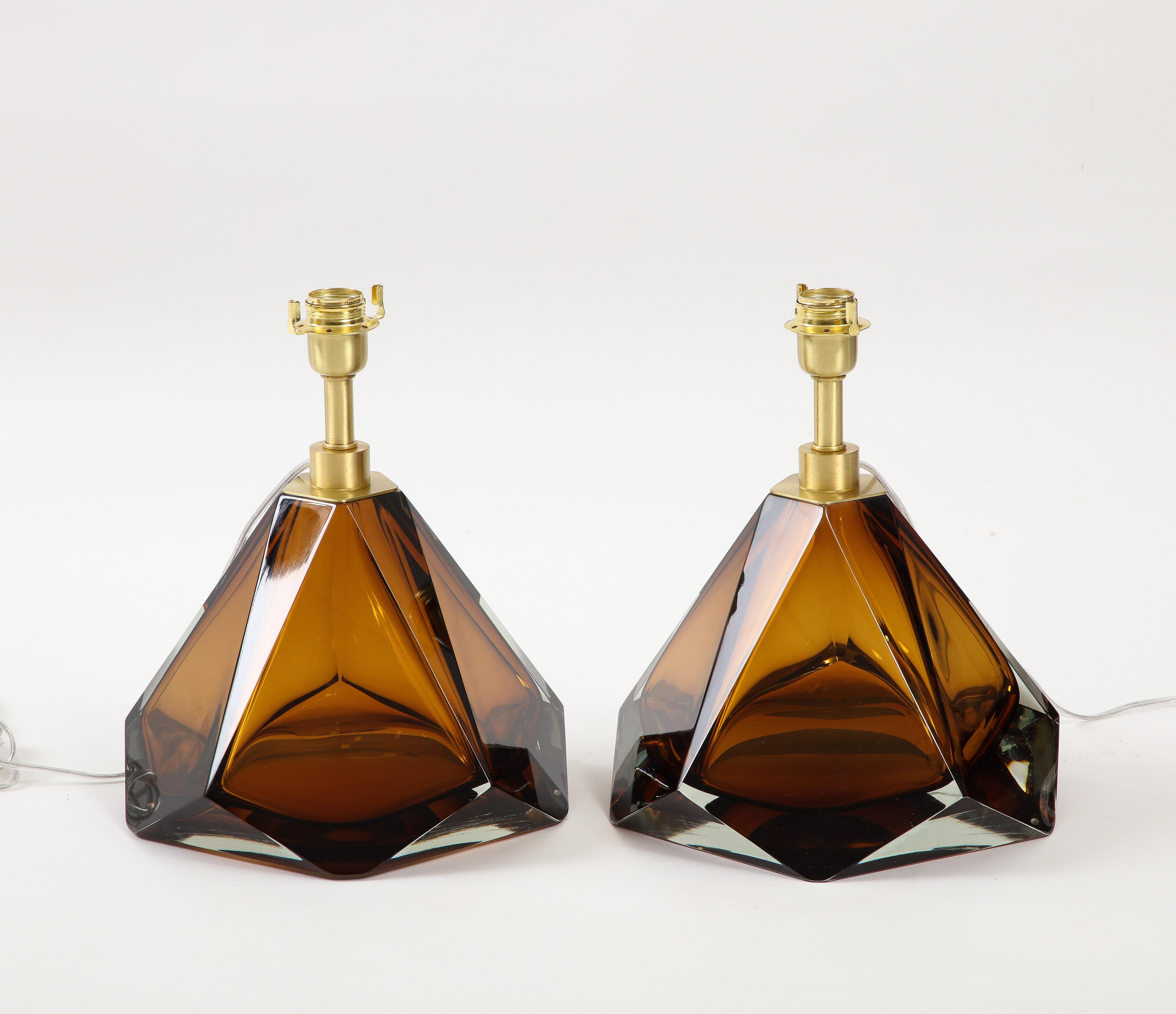Pair of Solid Tobacco or Amber Murano Glass and Brass Lamps, Signed, Italy, 2022 For Sale 4