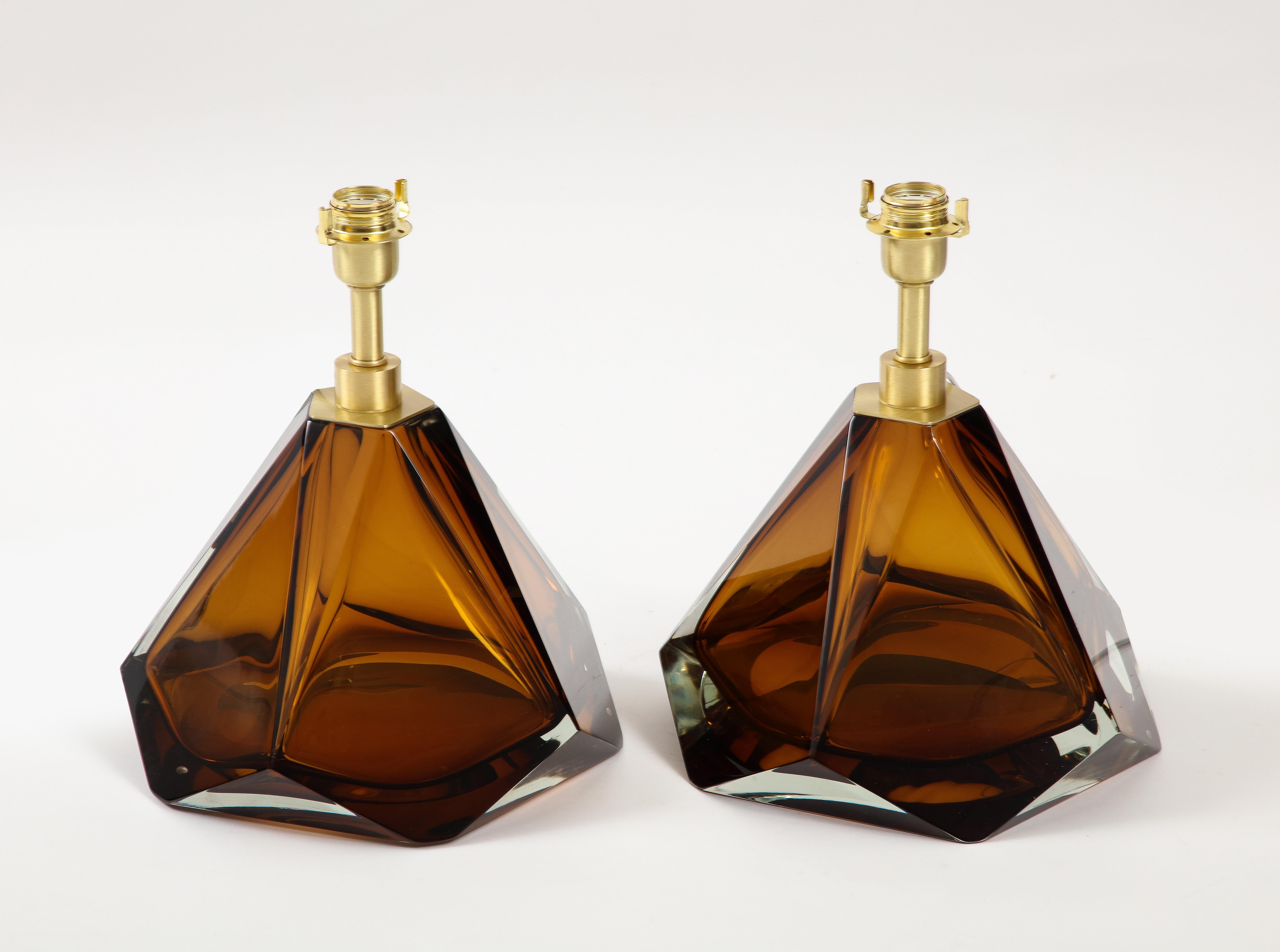 Pair of Solid Tobacco or Amber Murano Glass and Brass Lamps, Signed, Italy, 2022 For Sale 1