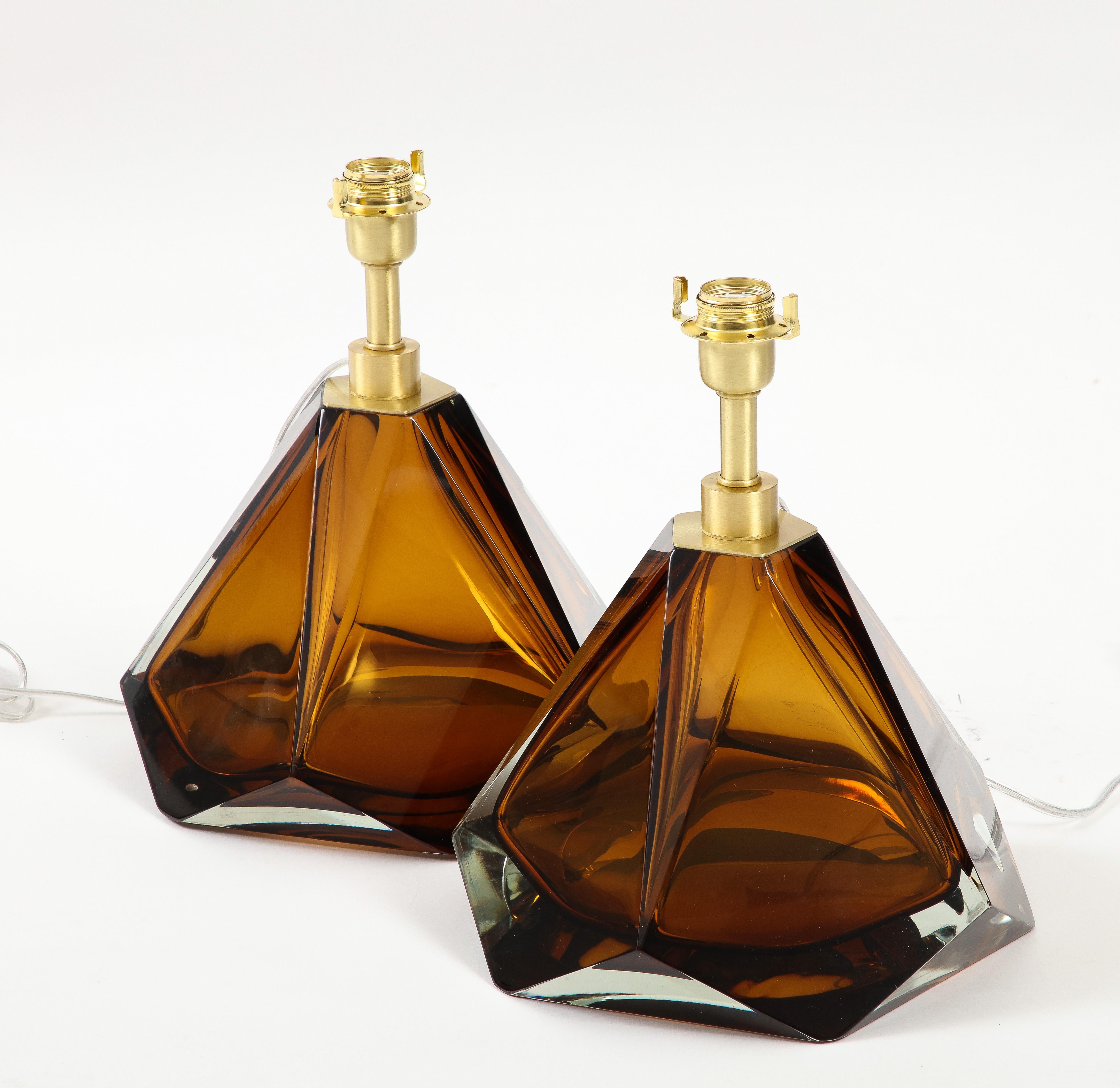 Pair of Solid Tobacco or Amber Murano Glass and Brass Lamps, Signed, Italy, 2022 For Sale 2