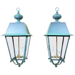 Pair Of Solid Verdigris Brass Hanging Lanterns. 14” x 14” x 33”