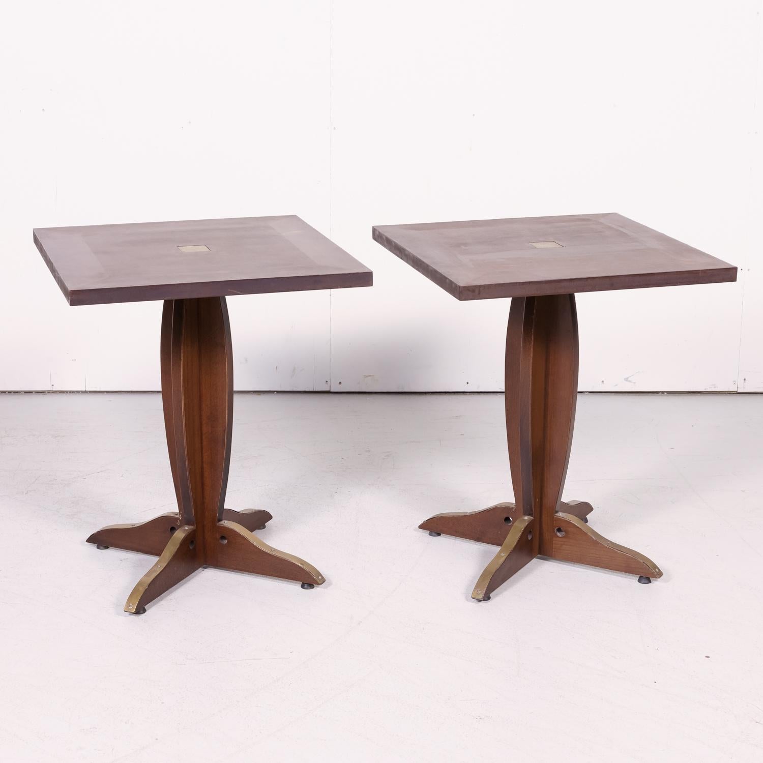 Pair of Solid Walnut and Brass French Art Deco Period Square Bistro Tables 5