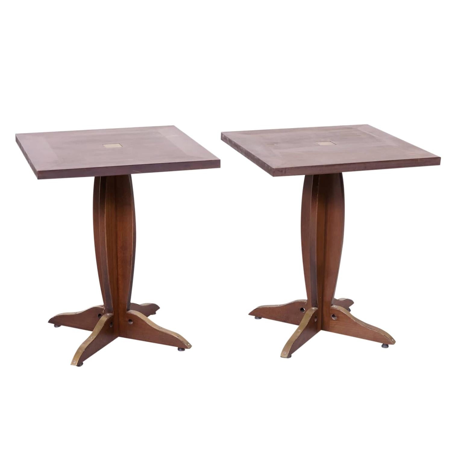 Pair of Solid Walnut and Brass French Art Deco Period Square Bistro Tables