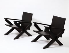 Pair of Solid Walnut Angular Scissor Leg Armchairs, France 1960's